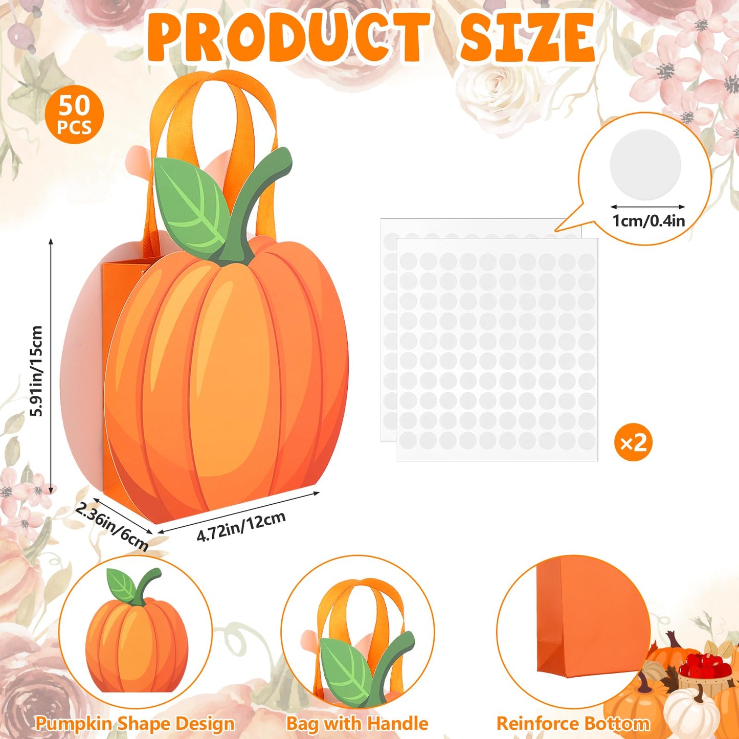 XEQWZVFR - Juego de 50 bolsas de regalo de papel de calabaza con asa, bolsas de dulces de otoño, bolsas de golosinas de caramelo, bolsa de regalo kraft para cosecha de otoño, Halloween, baby shower