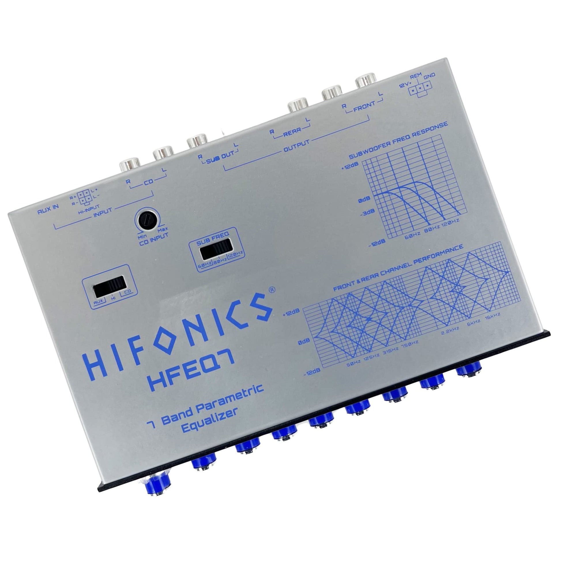 Hifonics HFEQ7 - Ecualizador gráfico de Audio de Coche de 7 Bandas 9 voltios 1/2 DIN con Entrada Auxiliar Frontal de 3,5 mm, Entrada Auxiliar RCA Trasera y entradas de Altavoz de Alto Nivel