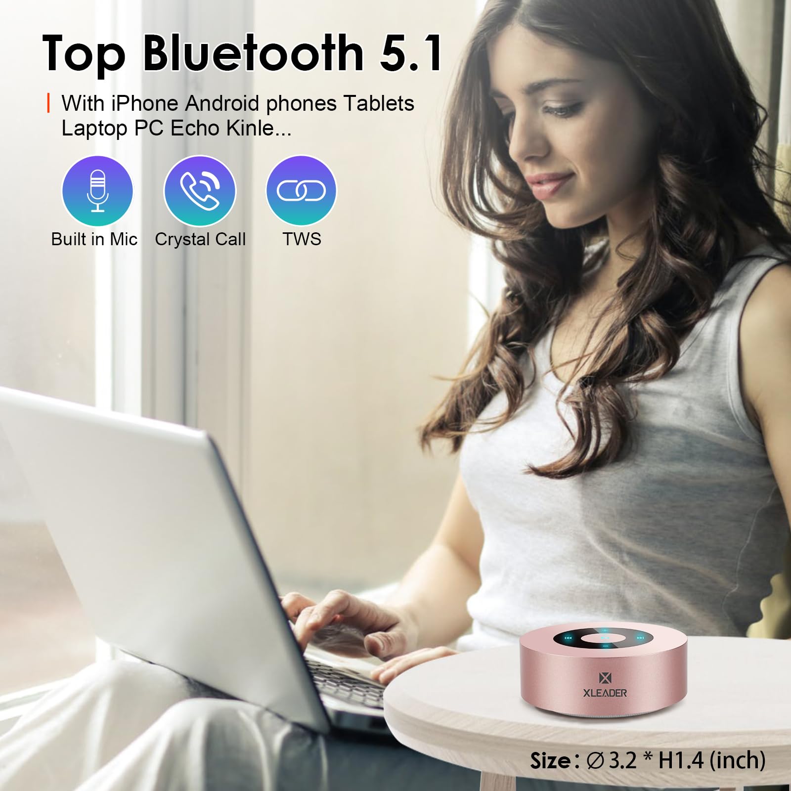 [LED Touch Design] Bluetooth Speaker, XLeader Portable Speaker with HD Sound/12-Hour Playtime/Bluetooth 4.1/Micro SD Support, for iphone/ipad/Tablet/Laptop/Echo dot (Rose gold)