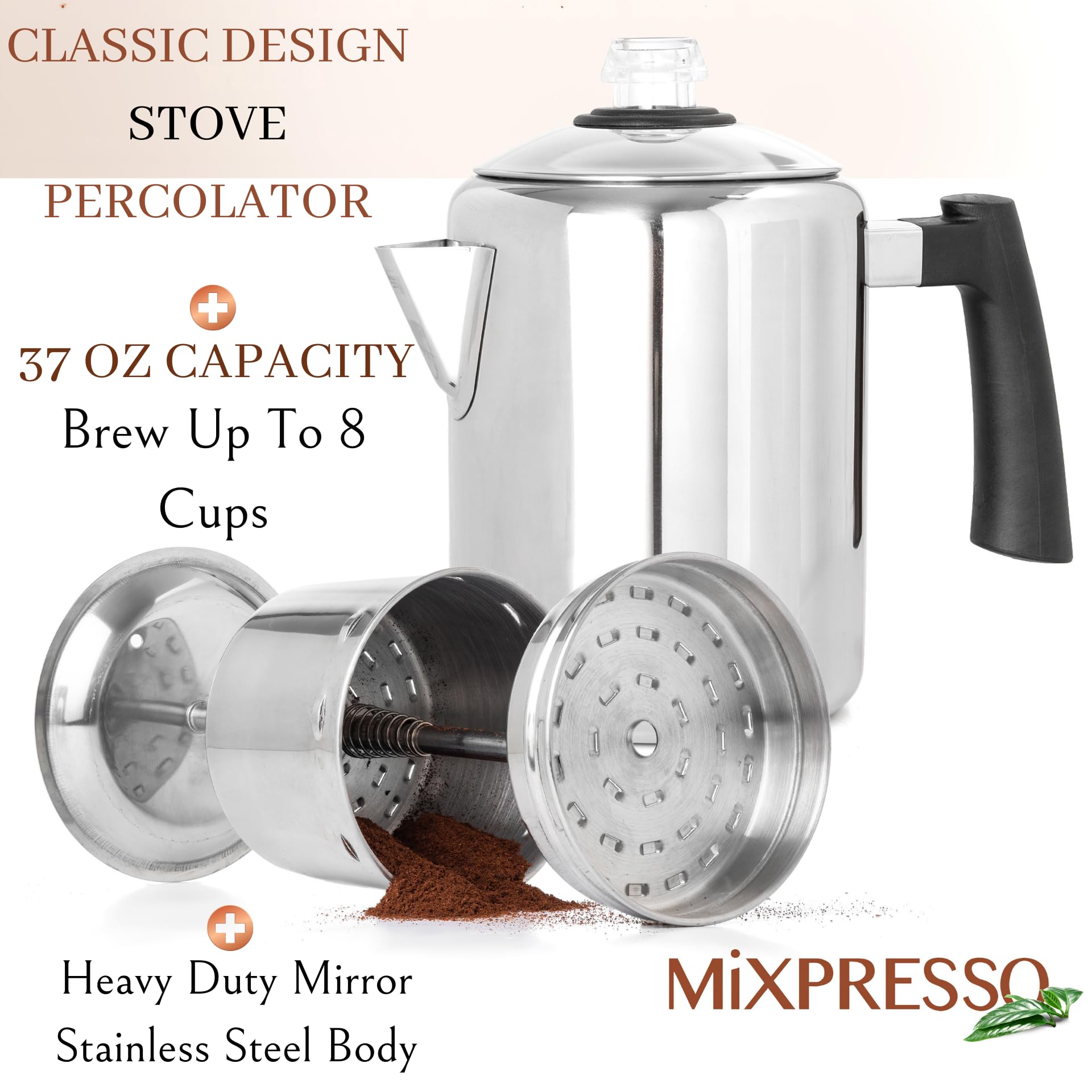 Mixpresso - Cafetera percoladora de acero inoxidable, excelente para camping, cafetera de 5 a 8 tazas