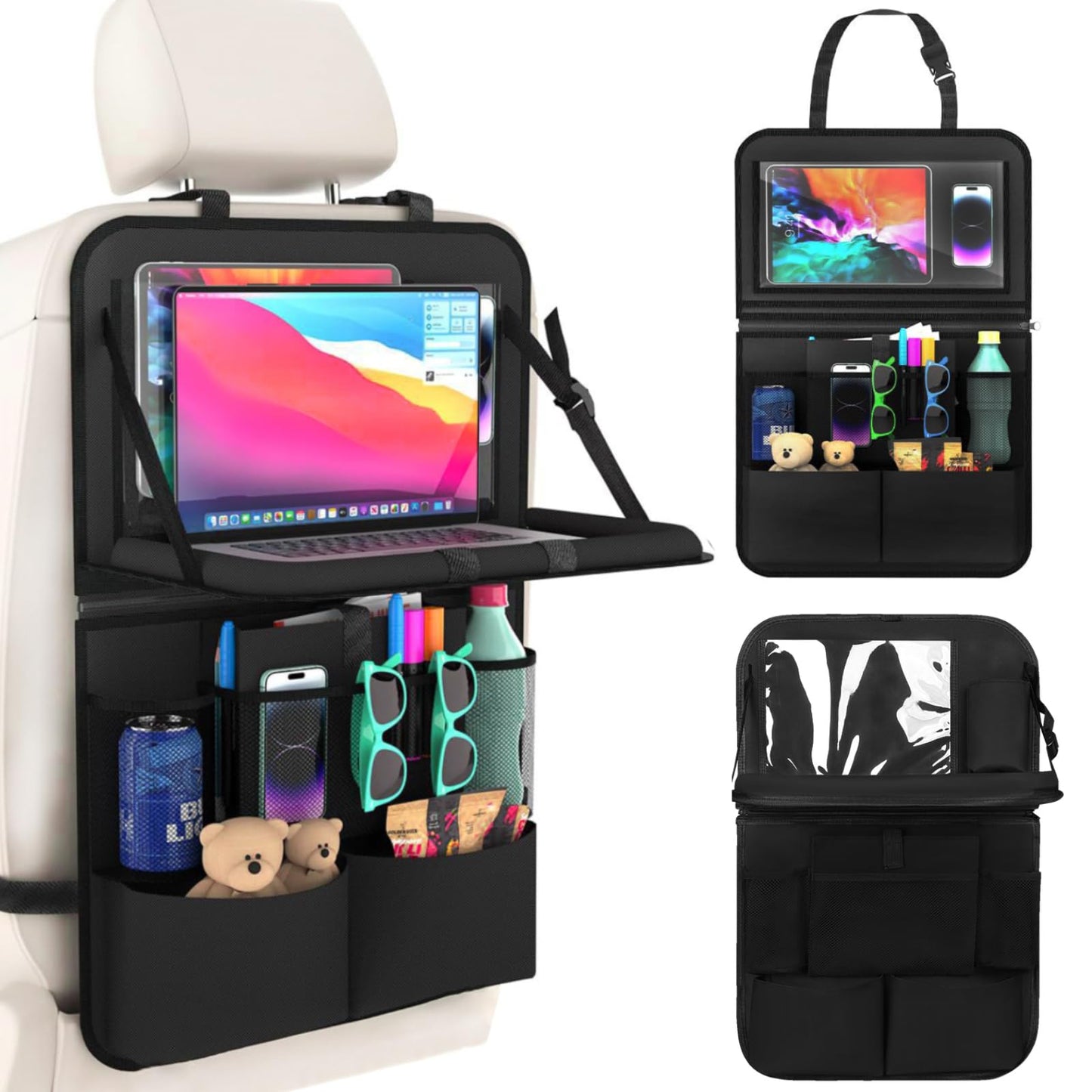 Organizador Asiento Trasero Auto con Bandeja, Bolsa de Almacenamiento para Asiento de Coche para Niños, Protector para Asiento Trasero Coche, Artículos Esenciales para Viajes Familiares por Carretera