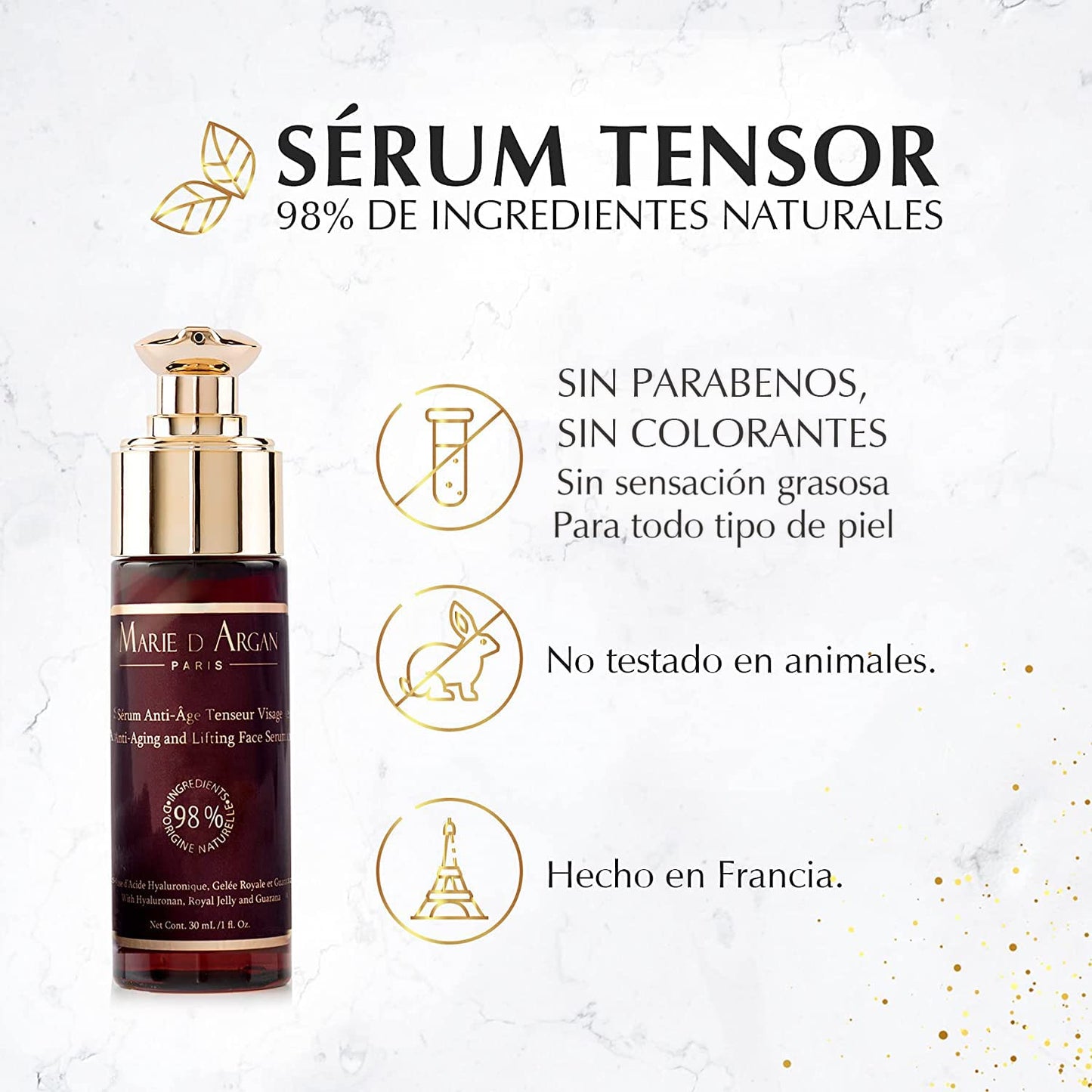 Sérum Tensor Antiedad para Rostro Marie d'Argan, con Jalea Real y Ácido Hialurónico, Antiedad, Antiarrugas, Reafirmante, Textura Ligera, Todo Tipo de Piel