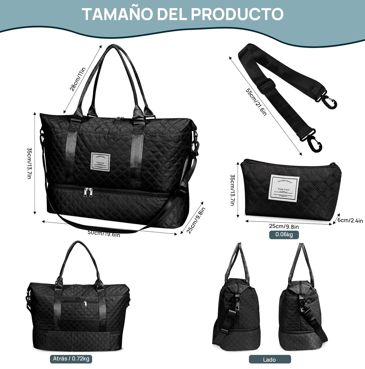 Bolsa de Deporte, Bolsa de Viaje Con Compartimento Para Zapatos y Neceser, Compartimentos Húmedo y Seco, Gran Capacidad, Resistente al Agua (negro)