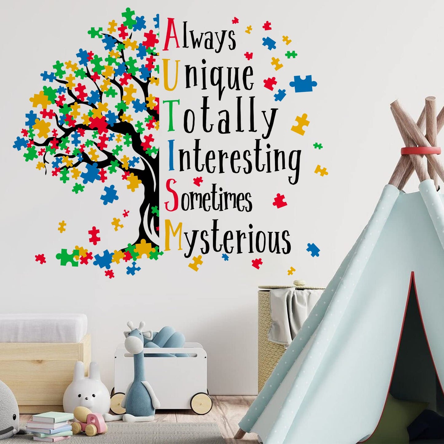 Mfault - Calcomanía de pared inspiradora para el día de la conciencia del autismo, diseño de árbol de rompecabezas positivo, decoración de habitación de bebé, recámara de bebé, espectro autista
