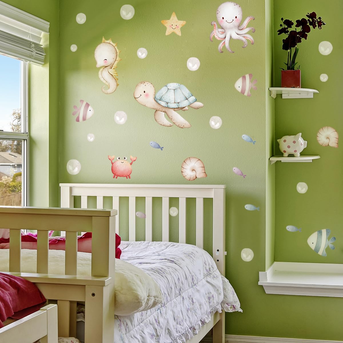 Calcomanías de pared de animales marinos, decoración de pared de criaturas del océano subacuático, decoración de pared extraíble de dibujos animados de peces de océano, decoración de pared de tortuga