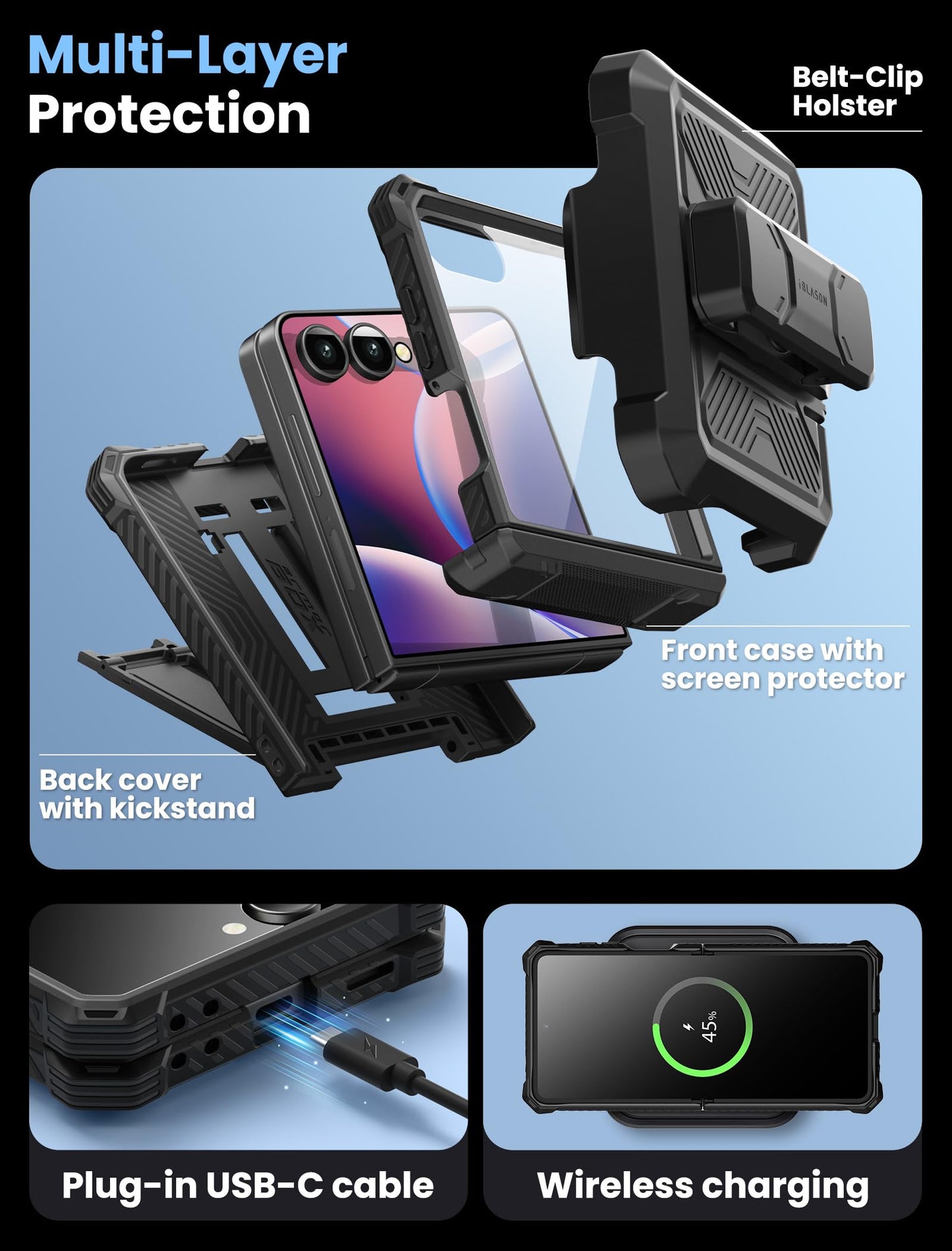 i-Blason Funda para Samsung Galaxy ZFlip 7 [Armorbox] Carcasa con Protector de Pantalla de Vidrio Templado [Protección Militar] Resistente Case con Soporte y Clip para Cinturón - Negro