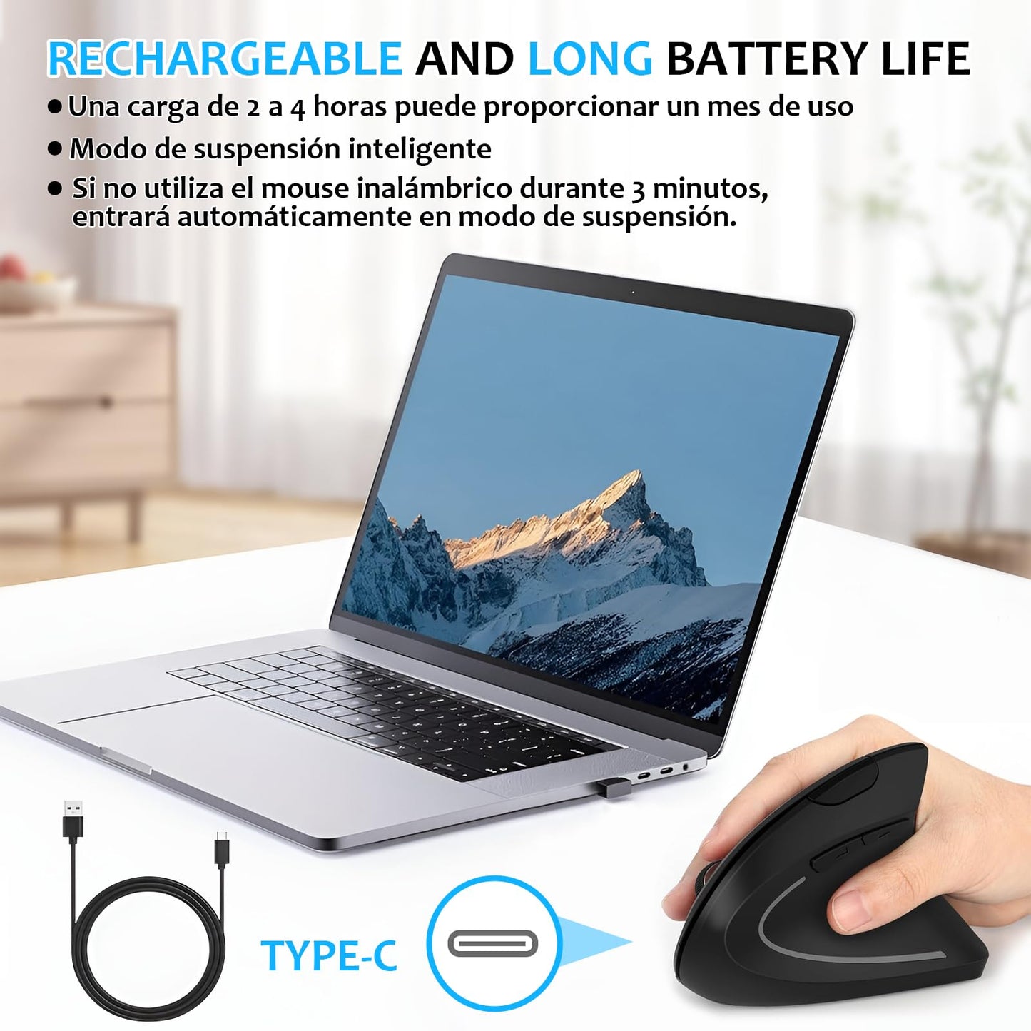 KIROGILY Mouse Inalámbrico Ergonómico Recargable, Mouse Vertical de Bluetooth y 2.4Ghz con 3 DPIs Ajustables, Mouse Mate de 6 Botones con Receptor USB, Compatible con Sistema Windows y Mac.(Negro)