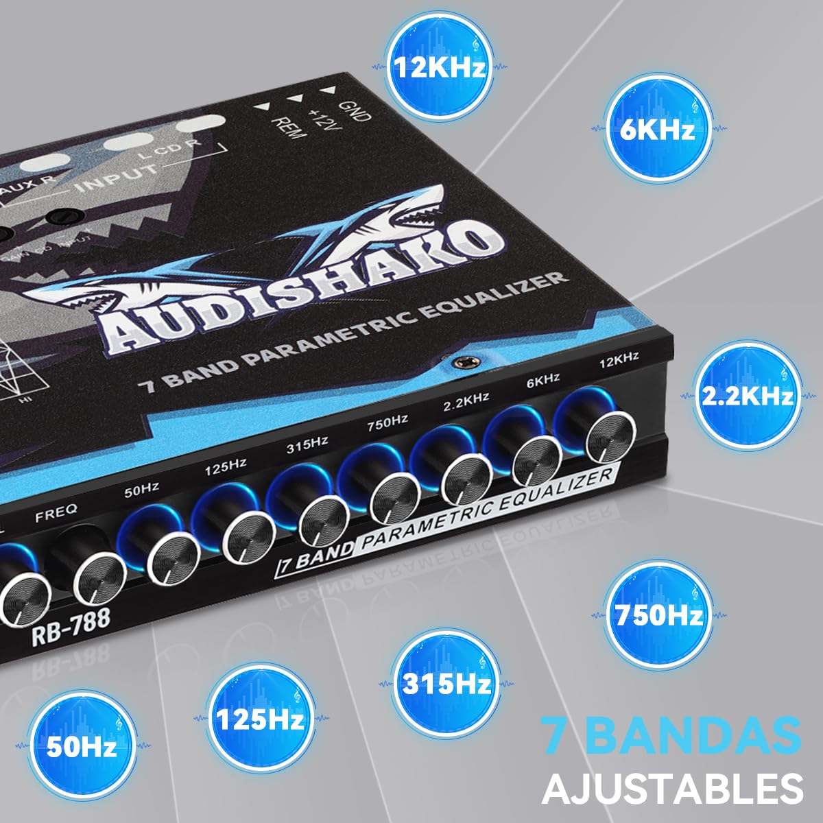 Ecualizador de Automóvil AUDISHAKO Negro con 7 Bandas y 4 Entradas RCA para Coches, Camionetas y Todoterrenos