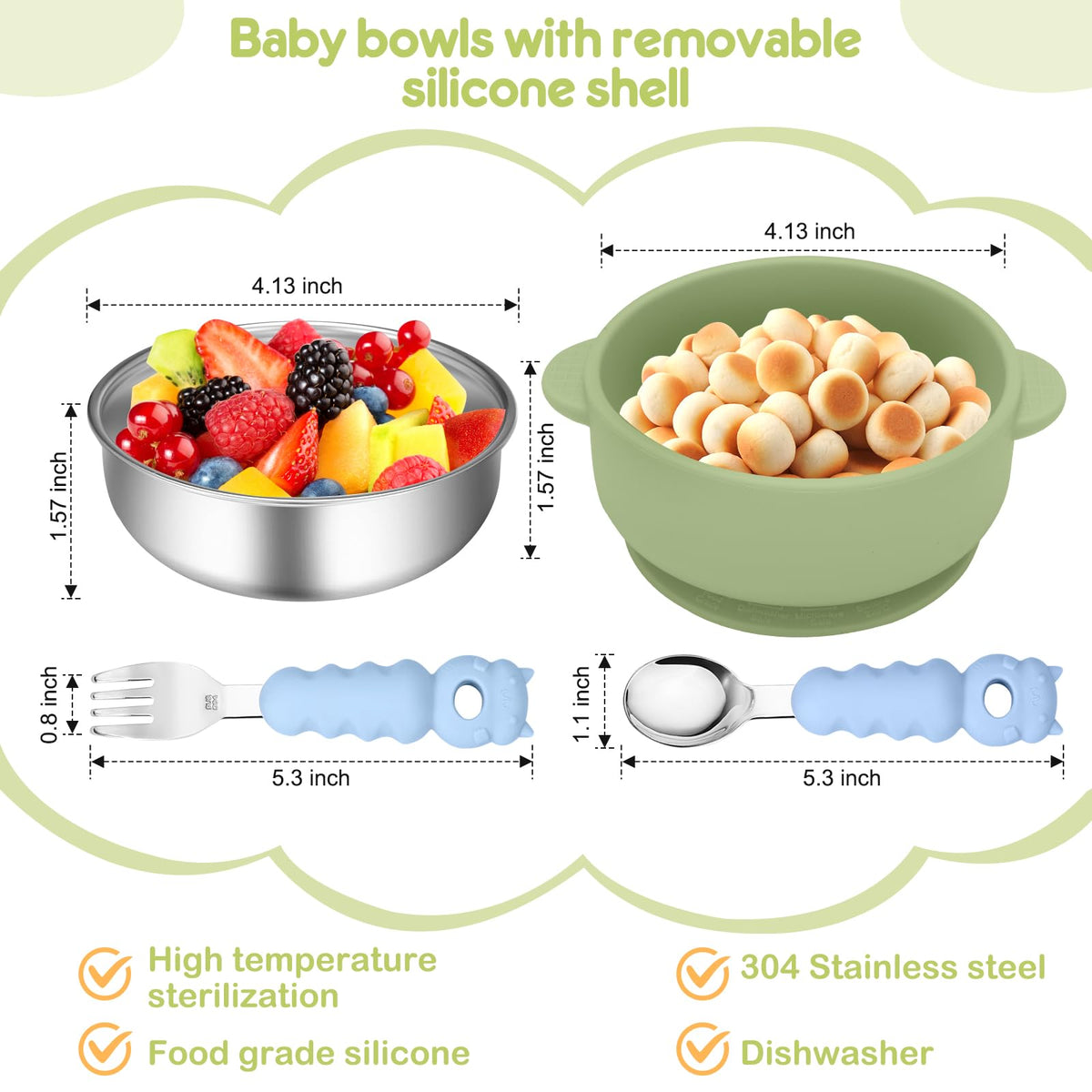 Wesketch Paquete De 2 Tazones De Acero Inoxidable Para Bebé Con Ventosa De Silicona Antideslizante Extraíble, Recipiente Antiescaldaduras Para La Alimentación Del Bebé. Incluye Tenedores Y Cucharas, A