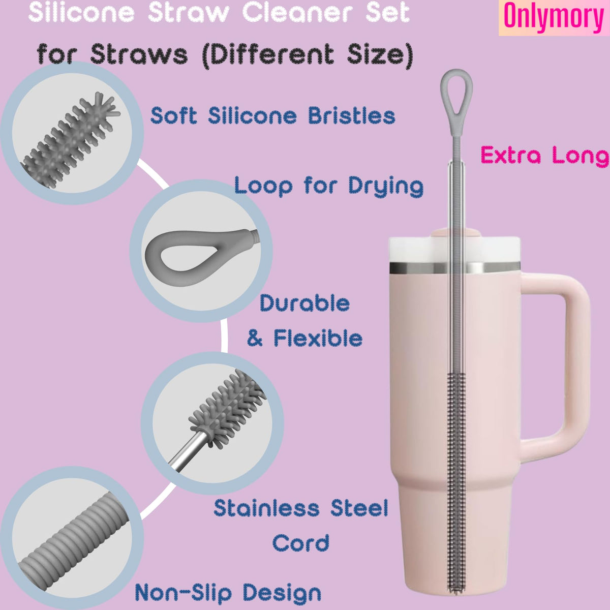 cepillo para polvo limpiador de pajitas de silicona, 2 cepillos largos flexibles para copa Stanley, vaso, botella de agua, pajitas reutilizables y plegables para popotes Stanley Copa, 6 mm y 9 mm