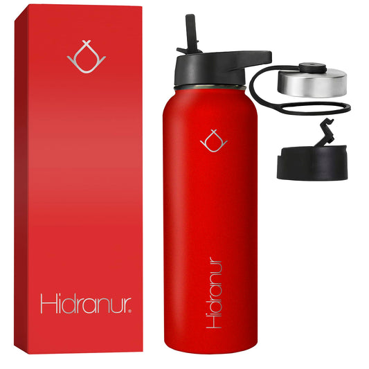 Hidranur Termo de Acero Inoxidable Doble Aislamiento Térmico, Termo Para Café 40 oz (1182.94 ml), 3 Tapas Herméticas, 2 Popotes, 24 Hrs de Agua Caliente y Fría (Rojo, 40 Oz (1182.94 ml))