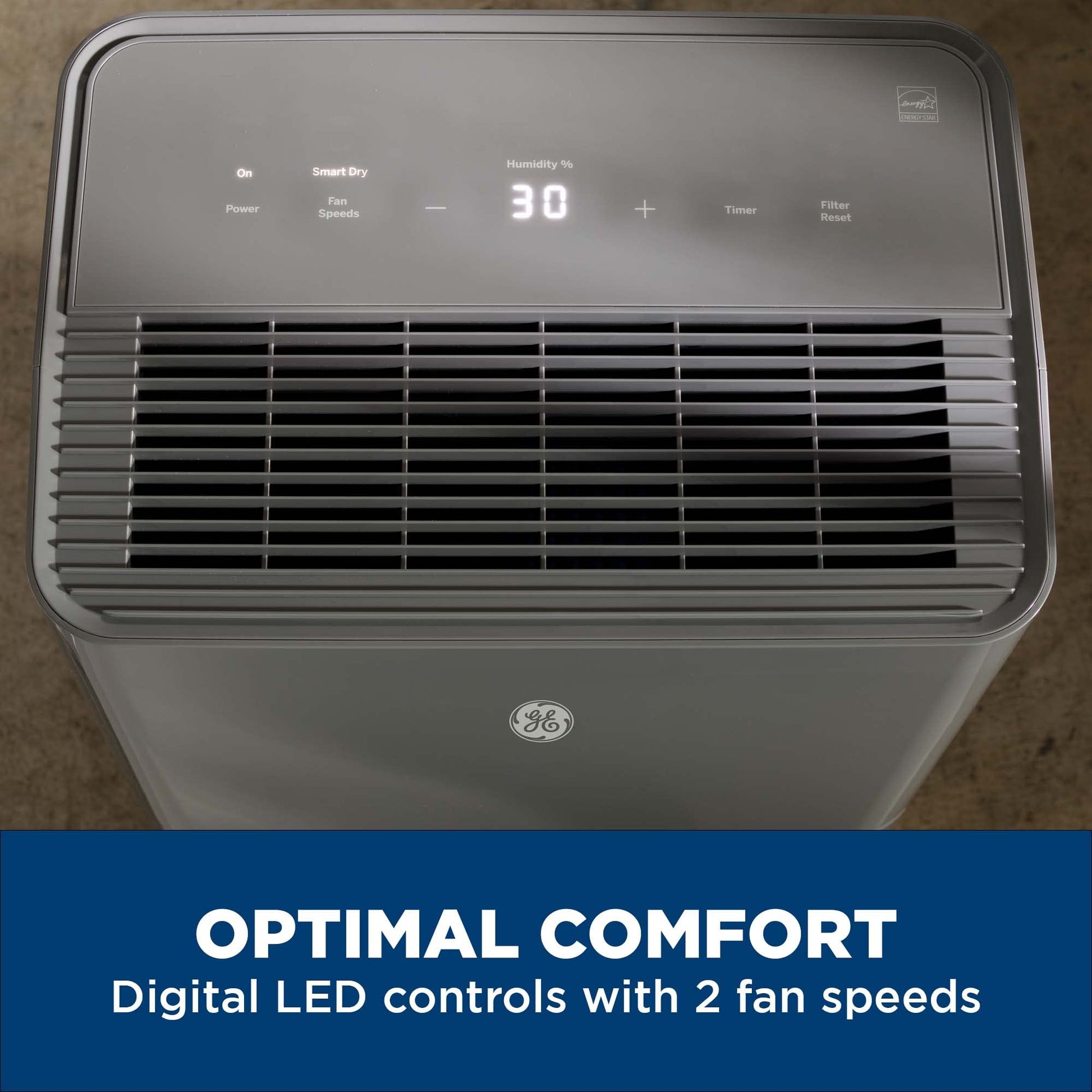 GE Smart Energy Star Deshumidificador portátil con WiFi para sótano, recámara, baño, cochera, habitaciones grandes de hasta 4500 pies cuadrados, 50 pintas con cubeta extraíble y conexión de drenaje