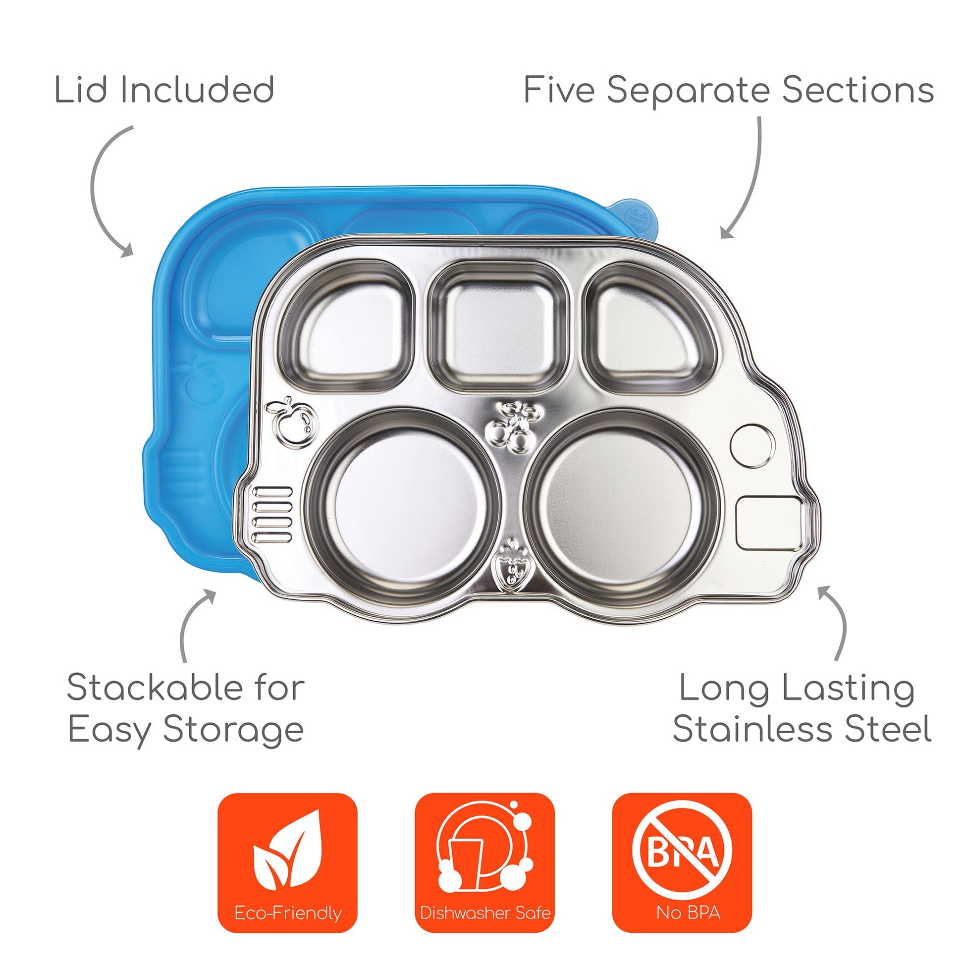 Innobaby - Placa de autobús de acero inoxidable con tapa seccional, original y resistente a fugas, placa dividida con forma divertida inventada para bebés, niños pequeños y niños, sin BPA, azul,