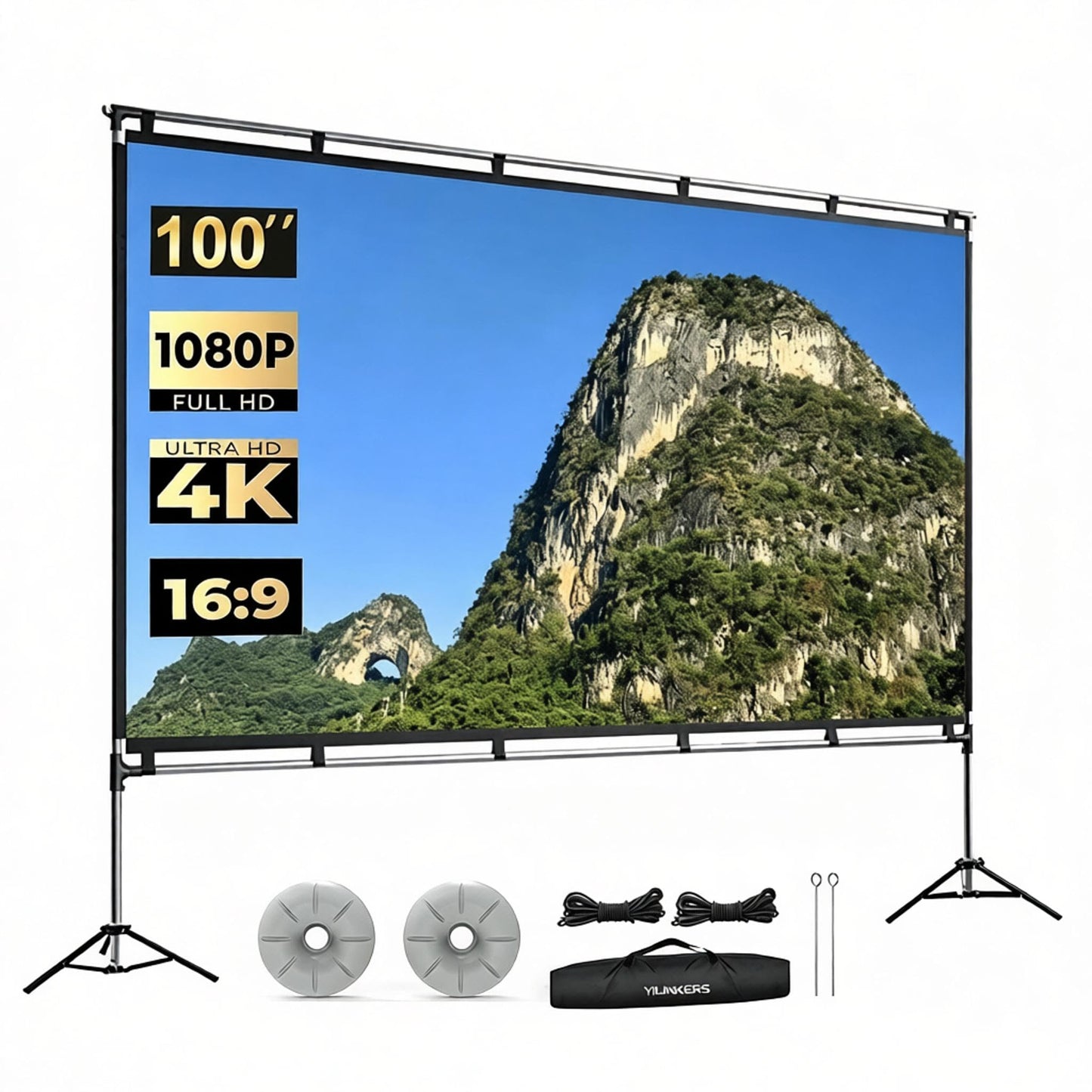 YILINKERS - visualización de proyector de 100 pulgadas con soporte, visualización de cine portátil para interiores y exteriores, visualización de proyección frontal doble 4K HD 16:9 para patio trasero