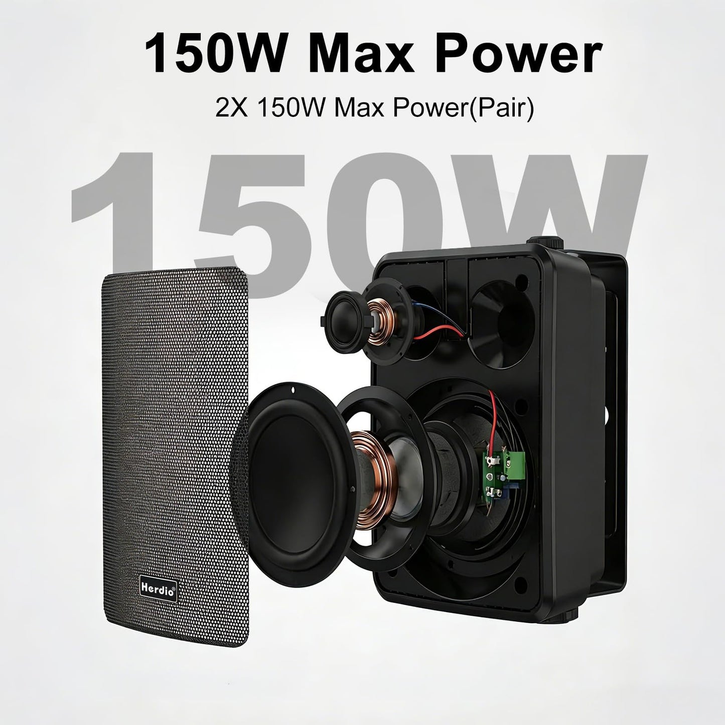 Herdio 5.25" 300W MAX Power Wall Mount Outdoor Bluetooth Speakers, Be Waterproof and Able to Wireless Multi-Connection Up to 20 Units for Patio/Porch/Balcony (Black, 2-Pack)