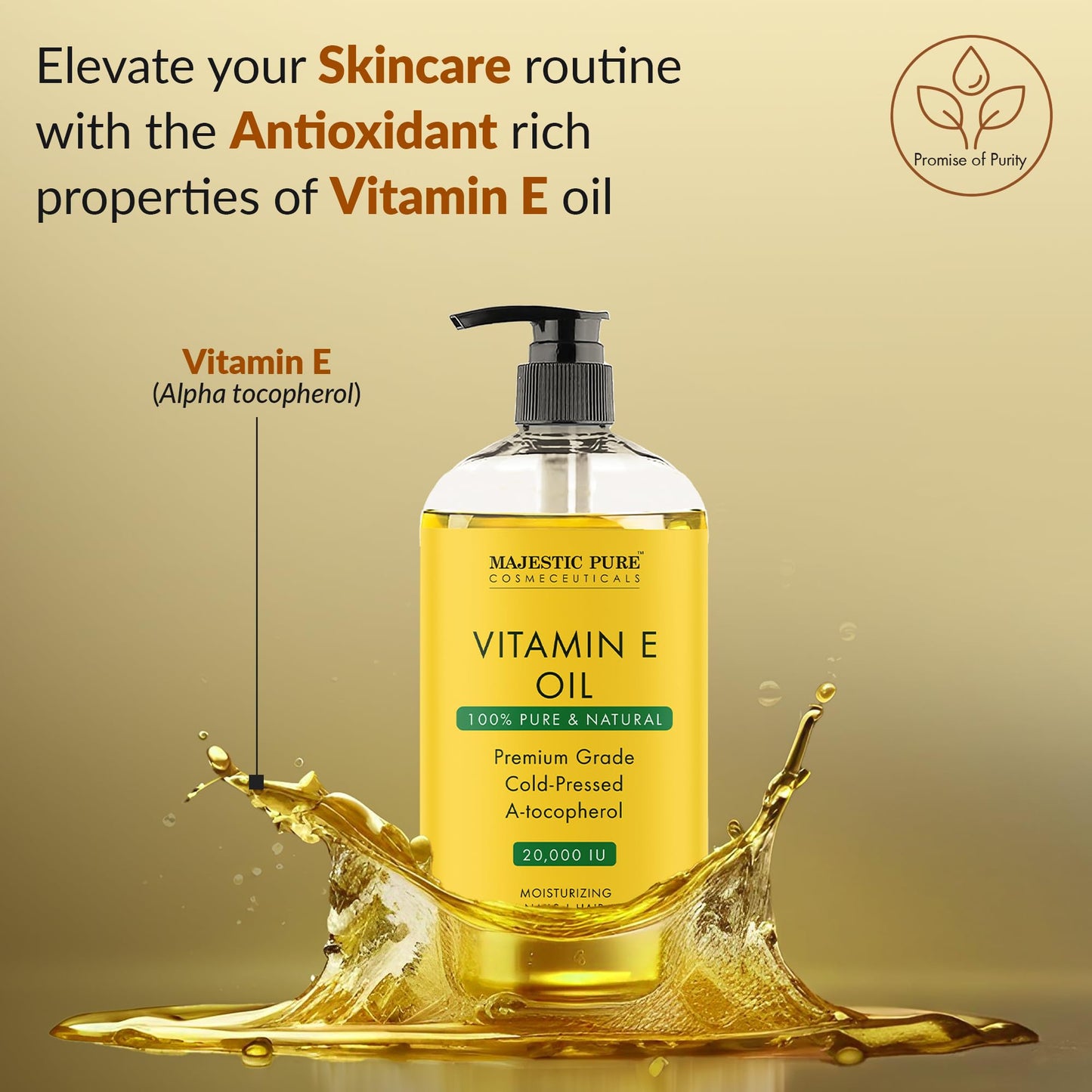 Majestic Pure NOVIIML PURE Vitamin E Oil | 100% Pure and Natural Cold Pressed Vitamin E oil for Skin, Scars, Face, Nails, Hair, Scalp | 20,000 IU | Non-GMO Verified | Hair & Body Oil | 8 Fl Oz