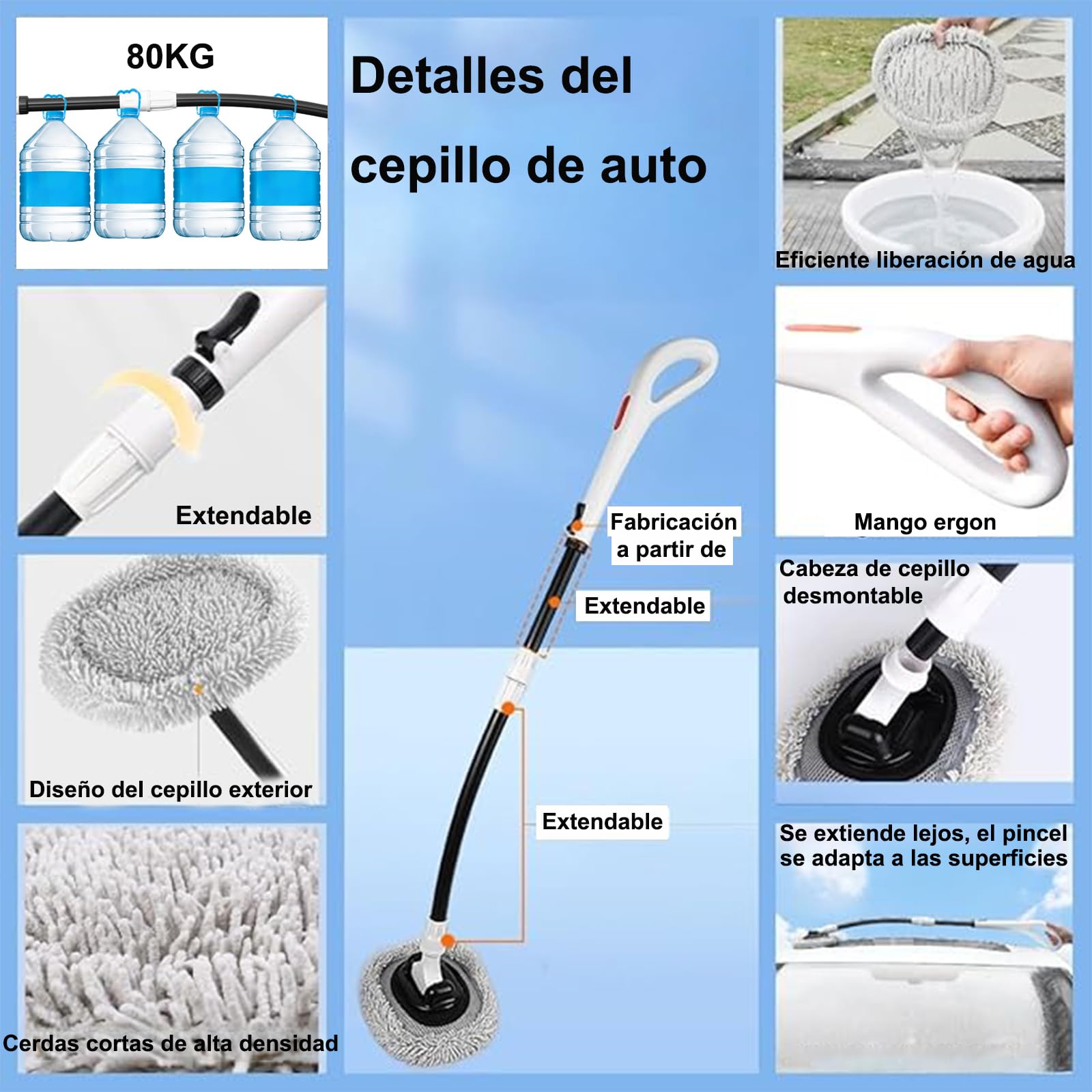 Cepillo para Lavar Carros, Kit de Limpieza para Auto, 55-120cm Barra de Limpieza, Retráctil y Giratorio, Cabezal de Cepillo Desmontable, Diseño Antideslizante, Disponible para Familias de Automóviles
