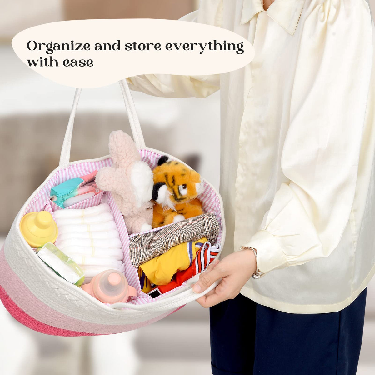 luxury little Organizador de pañales para bebé, cesta de pañales extragrande con cuerda de algodón para guardería, organizador de cambiador, bolsa portátil con divisor, almacenamiento de coche, regalos de baby
