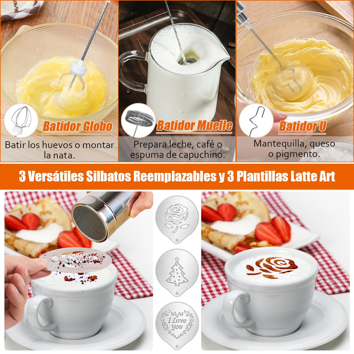 Dallfoll - Espumador de leche de mano, recargable por USB, mini máquina de espuma eléctrica para café Lattes, 3 velocidades, espumador de leche mezcladora de bebidas con 3 batidores para café a prueba de balas, capuchino, matcha