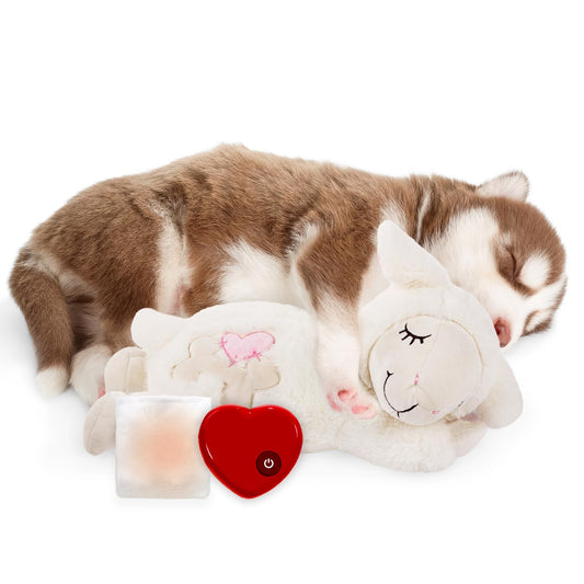 All for Paws Juguete de peluche para aliviar la ansiedad de perro, ayuda al sueño para perros, juguetes cálidos y cómodos, almohada para perros para cachorros, animales de peluche para perros pequeños (oveja blanca (latido de corazón + bolsa cálida)
