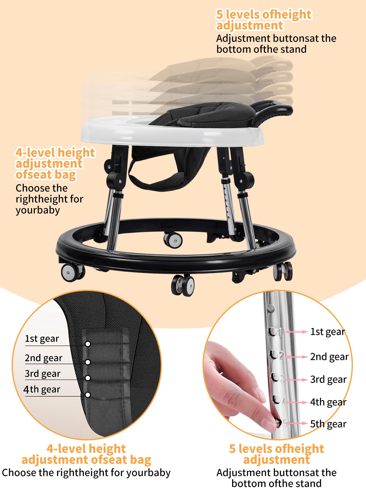 Baby Walker with Wheels, Activity Center with Mute Wheels Anti-Rollover, 5 Height Adjustable Foldable Baby Walkers for Boys and Girls from 6-18 Months with Footrest