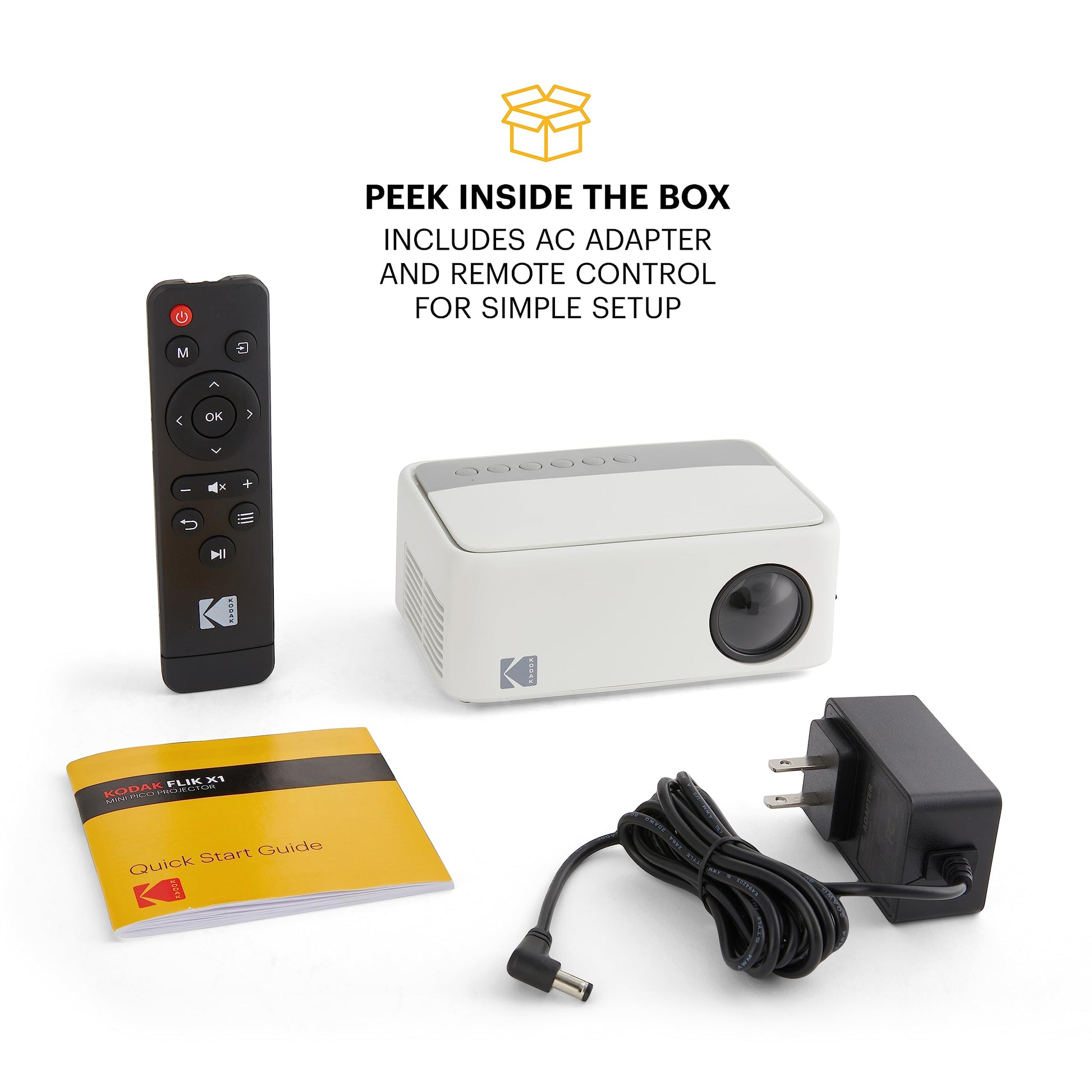 KODAK FLIK X1 Mini proyector Pico | Proyector portátil compacto de 100 pulgadas con control remoto y altavoces de 2 W reproduce películas, programas de televisión y juegos, compatible con HDMI, USB, AV, smartphone, Firestick, color blanco
