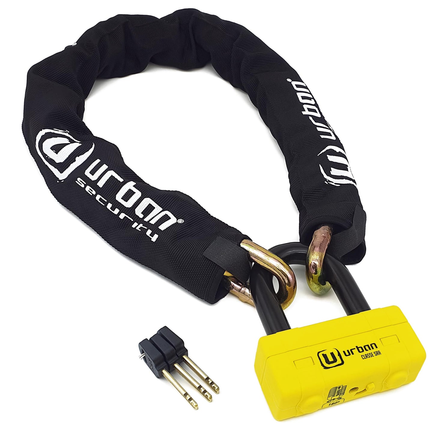 urban UR74120 Candado Cadena Antirrobo Moto Alta Seguridad Homologado Classe SRA, Mini U Bloqueo Disco + Cadena ø13.5, 120 cm, Amarillo
