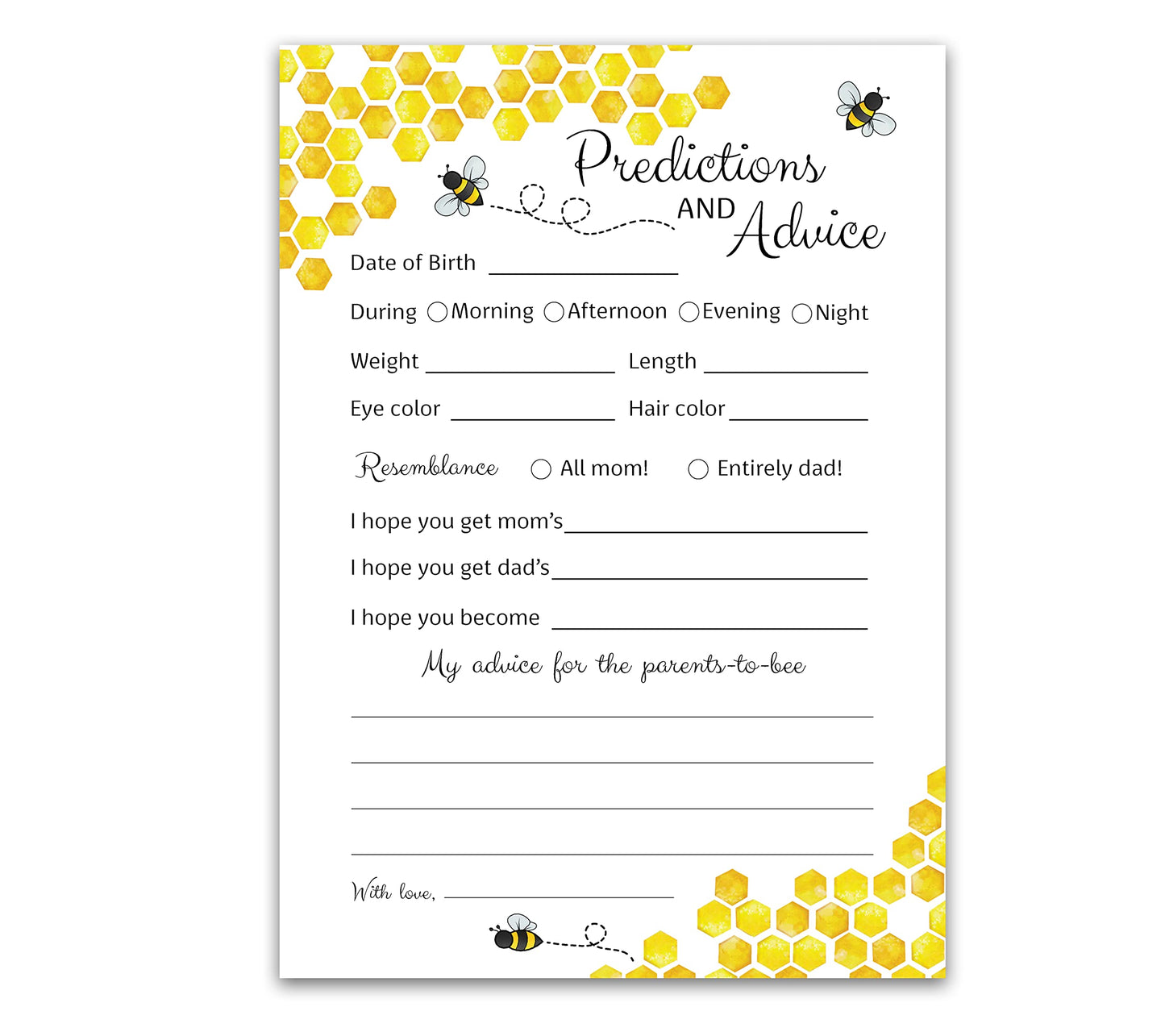 Tarjetas de predicción y consejos de abeja – Paquete de 25 – Juegos de baby shower de abejorro, amarillo neutro abejorro, nuevos padres, mensaje de mamá y papá, mensaje de mamá y papá, recuerdo de actividad de coed de abeja miel G620-PDAV