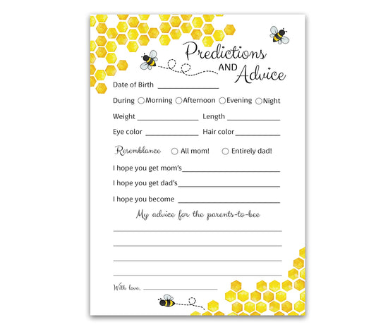 Tarjetas de predicción y consejos de abeja – Paquete de 25 – Juegos de baby shower de abejorro, amarillo neutro abejorro, nuevos padres, mensaje de mamá y papá, mensaje de mamá y papá, recuerdo de actividad de coed de abeja miel G620-PDAV