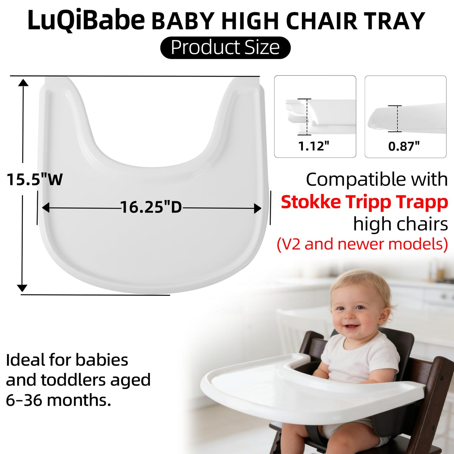 LuQiBabe Bandeja para Silla Alta de Bebé Compatible con Silla Stokke Tripp Trapp (V2 y posteriores) con Superficie Lisa y Fuerte Poder de Succión Hecha de Plástico Seguro para Alimentos (Libre de BPA