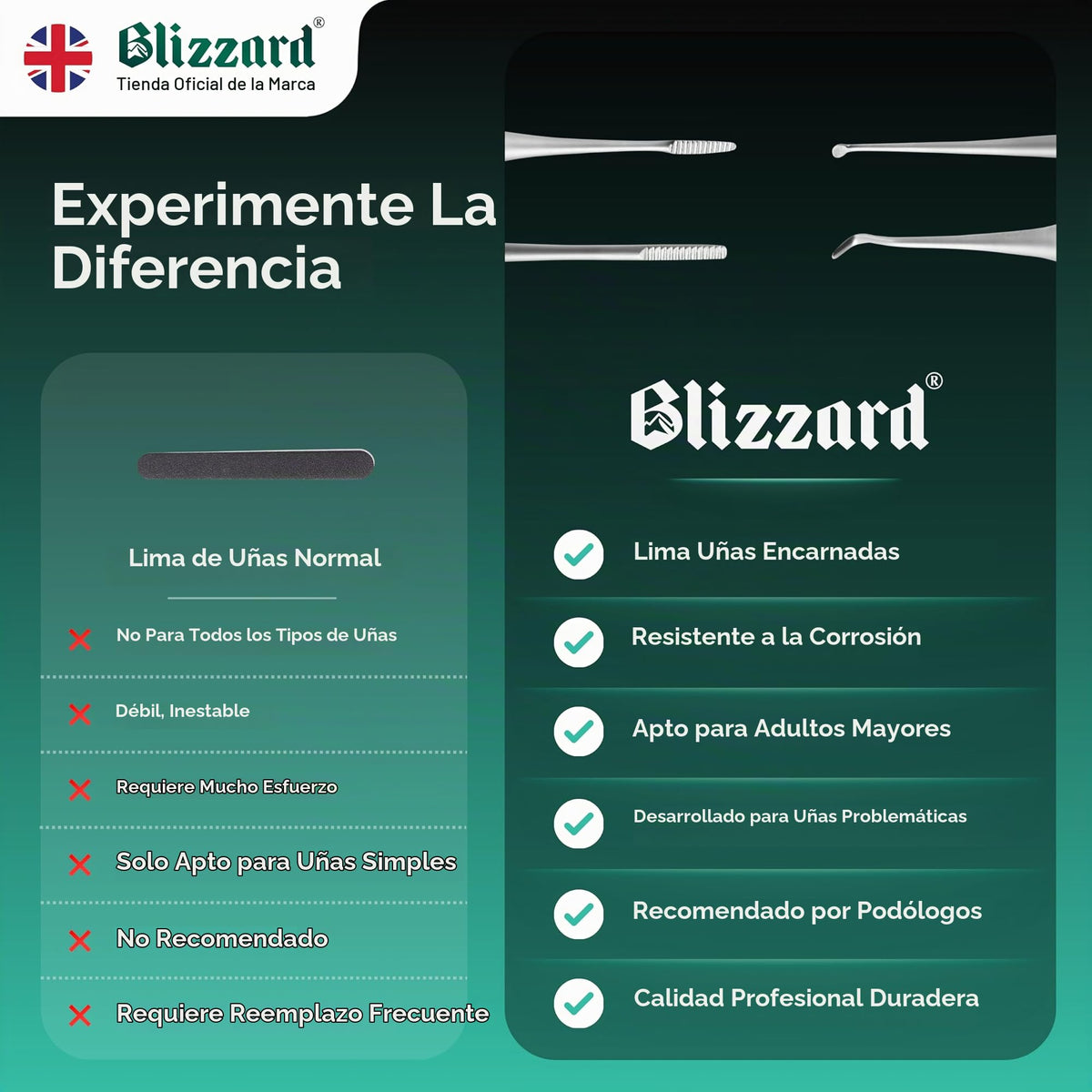 Blizzard Kit Pedicura Profesional 3 Piezas - Herramientas para Uñas Encarnadas y Delicadas - Utensilios de Acero Inoxidable Podología Lima Metálica Sonda Elevador Limpiador Cuidado de Pies Premium