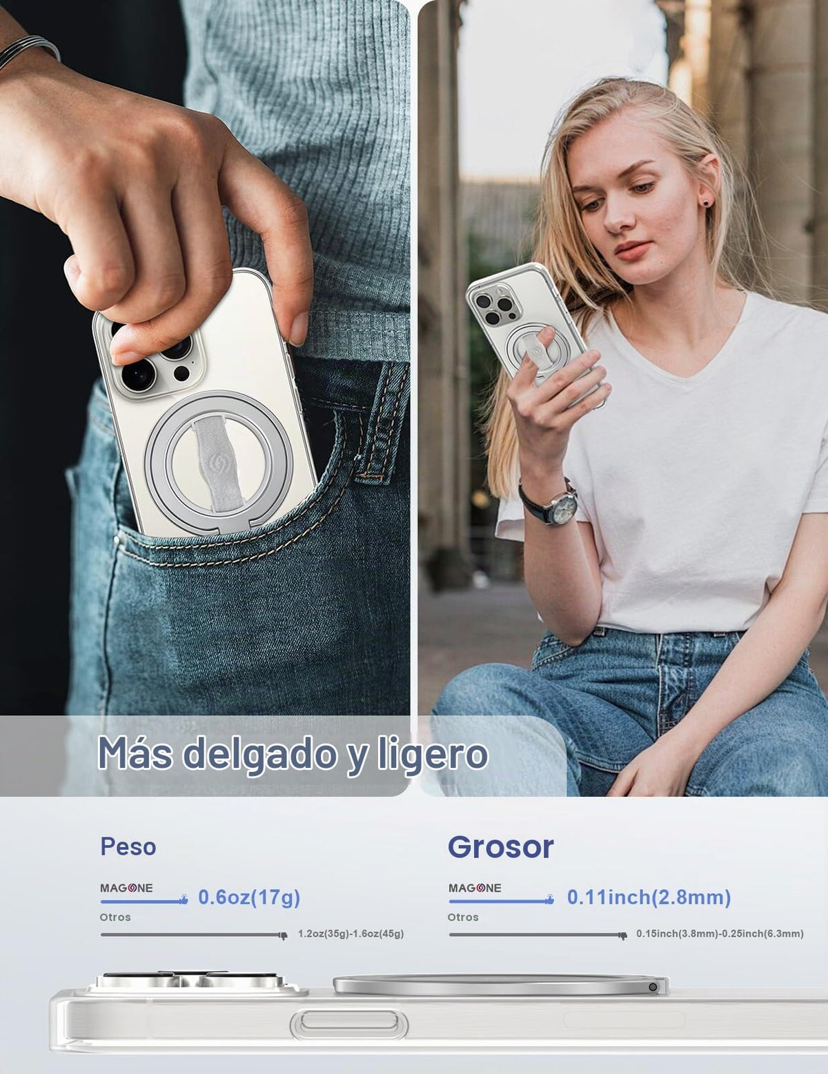 Soporte de Agarre para Teléfono EWA MagOne Plata con Correa para Dedos y Soporte Magnético Extraíble para iPhone Series 17-12