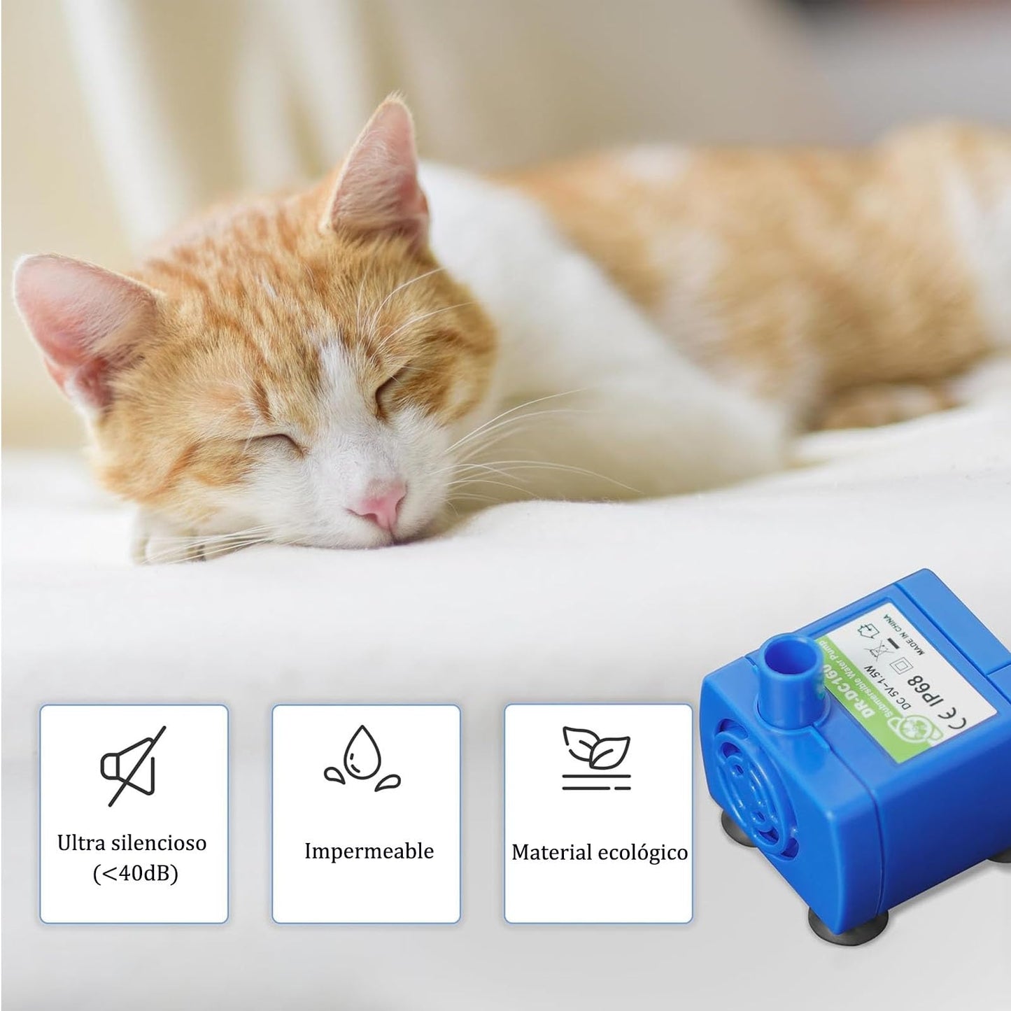 JMKleptobiosis Bomba De Fuente Para Gatos, Bomba De Fuente Agua Para Mascotas, Motor DR-DC160 Para Fuente Redonda,Cúbica y con Gorro de Flores，Alimentado Por USB, Con Luz Led