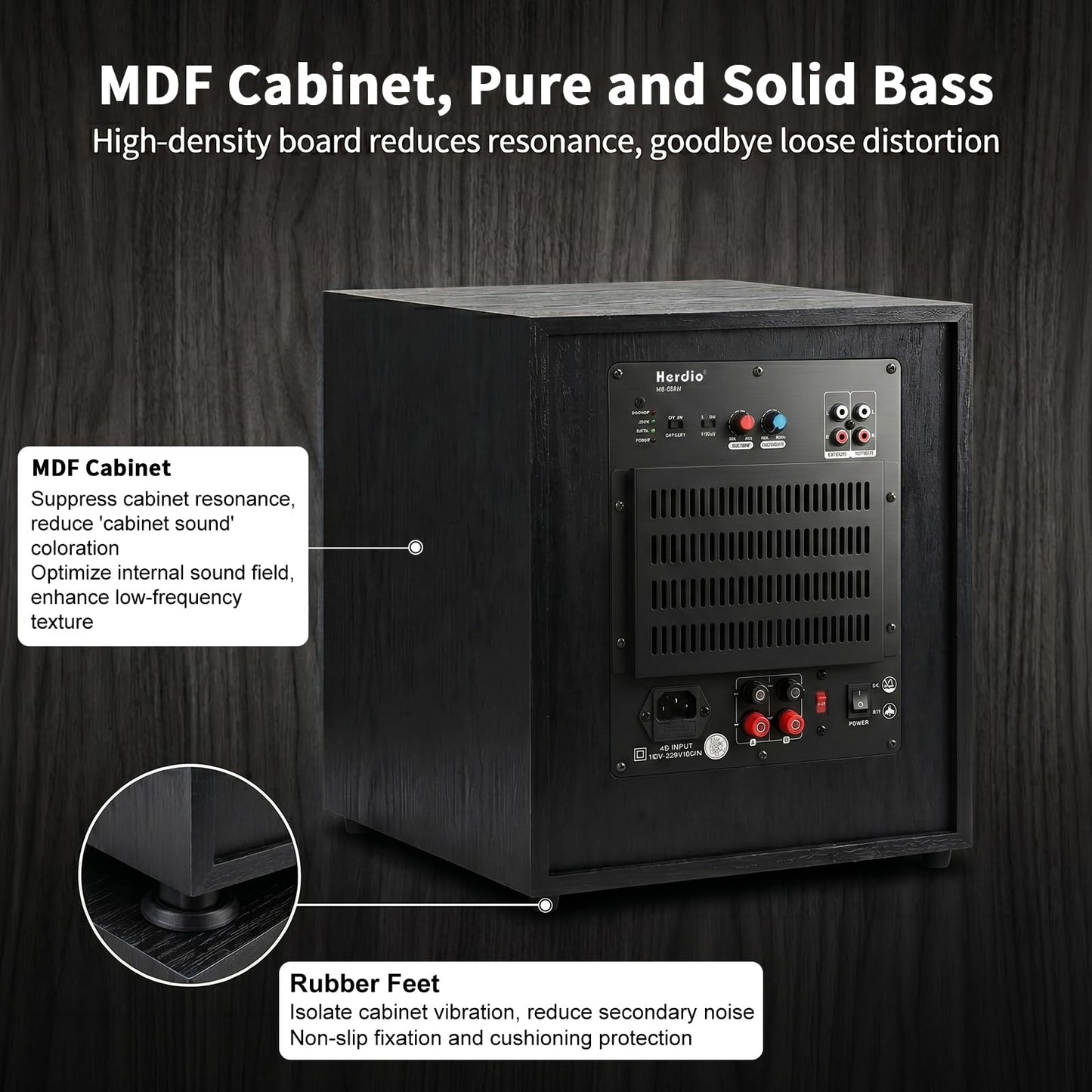 Herdio Subwoofer de 10 pulgadas, subwoofer activo de cine en casa de 800 W con 200 W RMS, graves profundos de 40 Hz, amplificador de clase AB, cruzado ajustable y entradas duales, carcasa MDF para