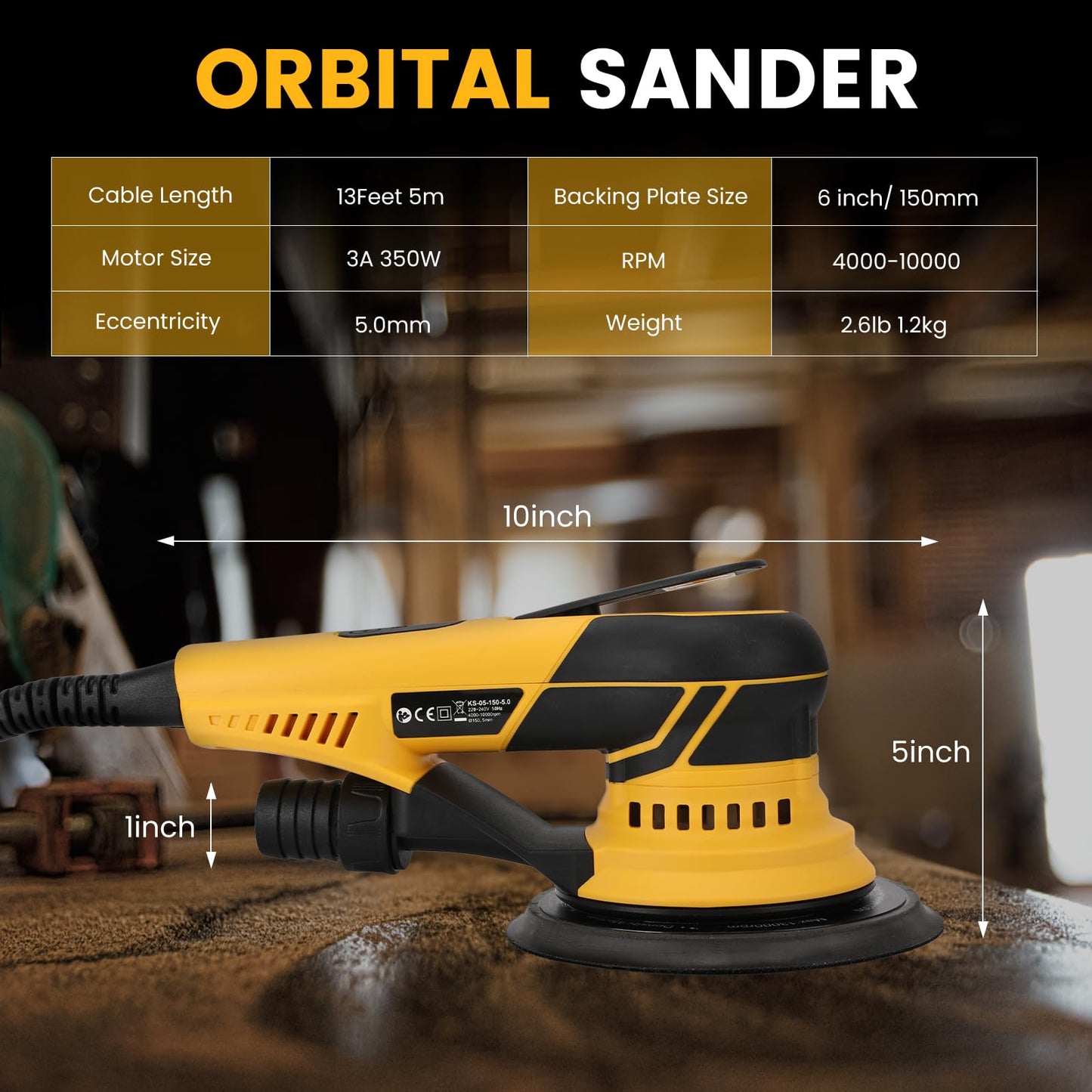 PHENDO Lijadora orbital aleatoria eléctrica de 350 W 3A con cable enchufable, aspiradora central, lijadoras para carpintería, madera primaria y procesamiento de paneles