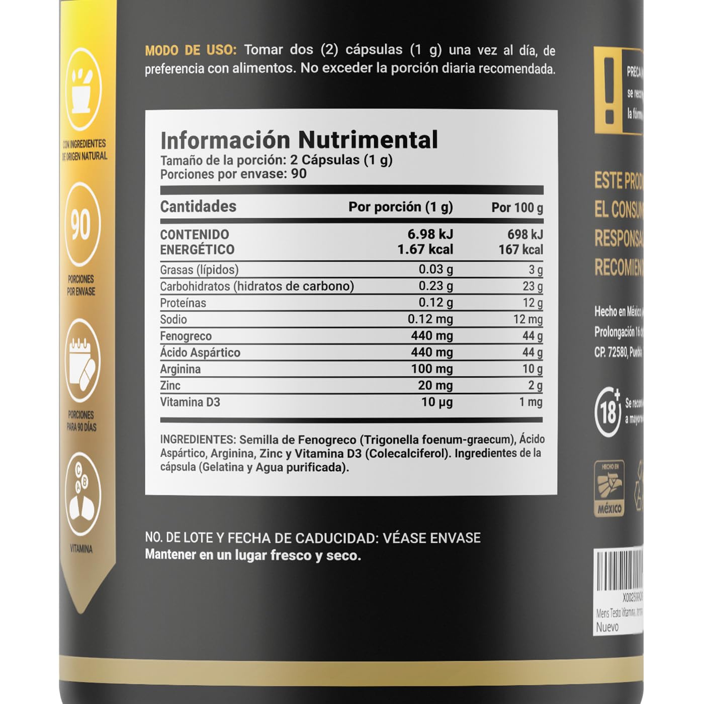 B Life Company Mens T Vitaminas Para Hombre de 180 Cápsulas. Ingredientes naturales: Fenogreco, Ácido Aspártico, Arginina, Zinc y D3. Precursor Natural.