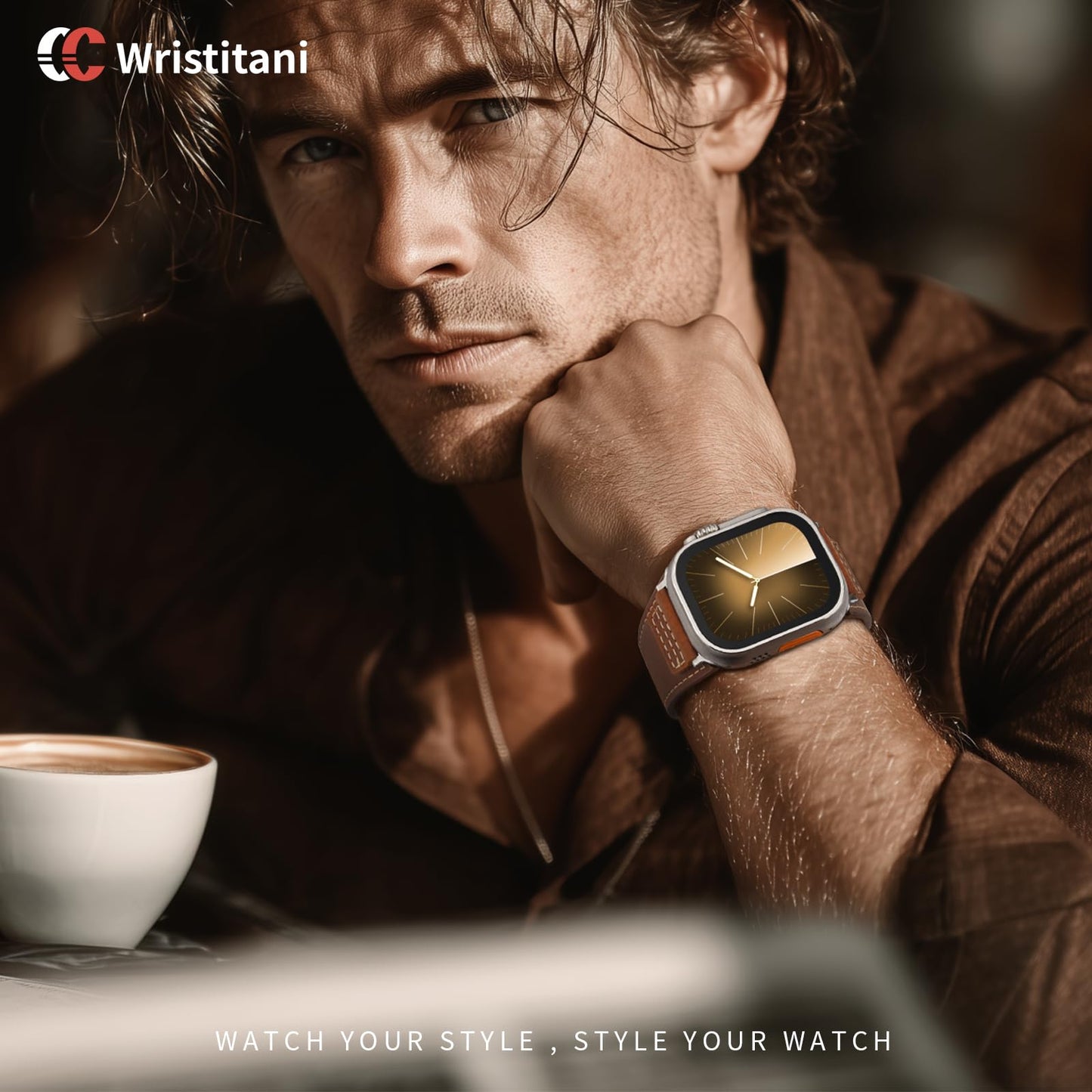 Correa Cuero Wristitani Marrón Oscuro Hebilla Plateada Compatible Apple Watch para Hombre