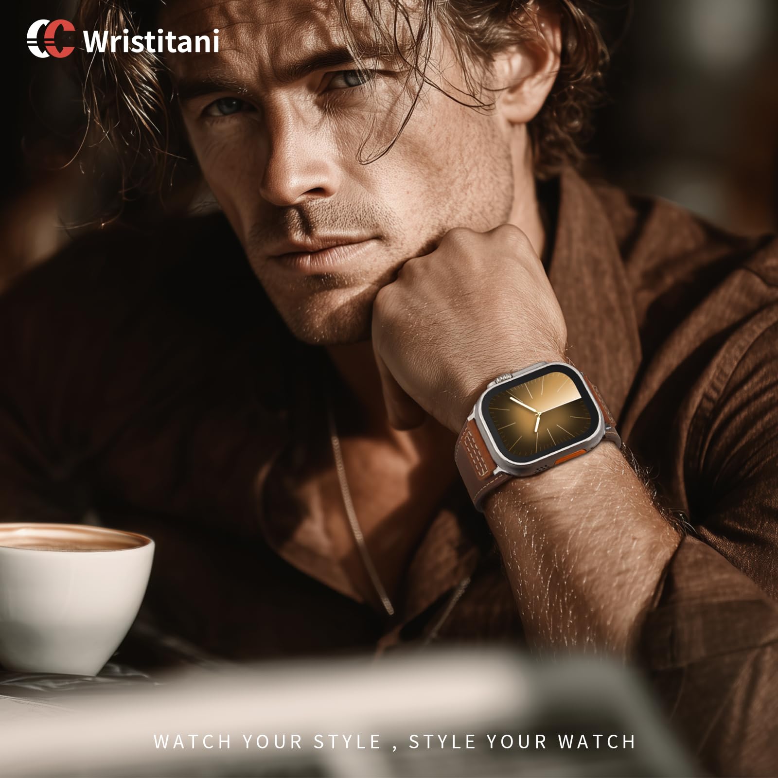 Correa Cuero Wristitani Marrón Oscuro Hebilla Plateada Compatible Apple Watch para Hombre