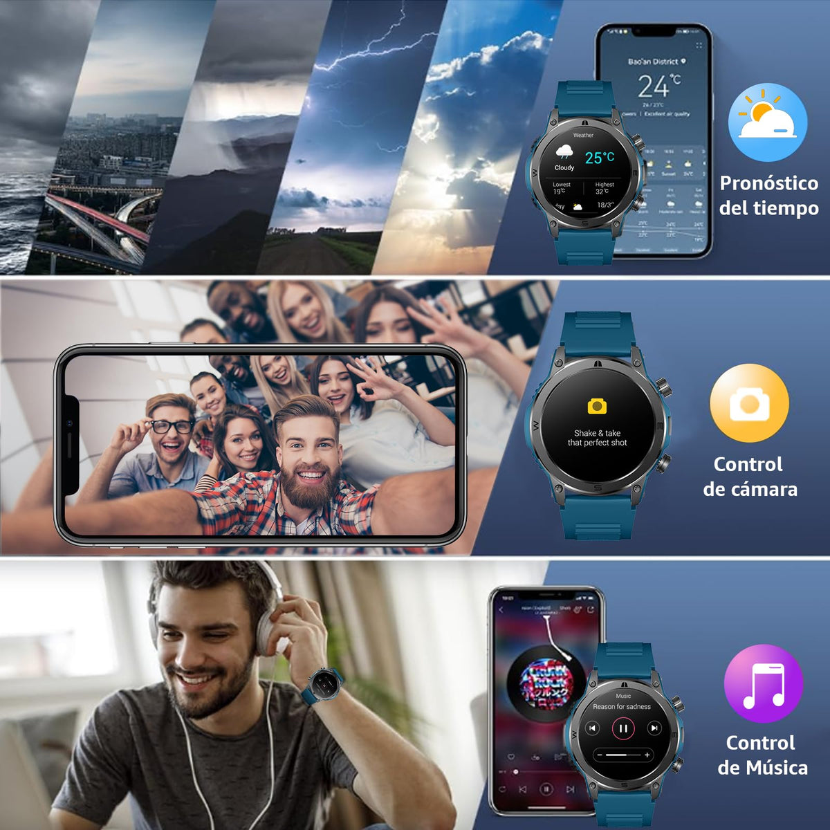 Smartwatch FreshFun AMOLED 1.43 Pulgadas Bluetooth Hombre Azul Impermeable IP67 Monitor Cardíaco y Sueño 100+ Modos Deportivos