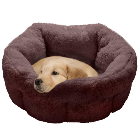 Furhaven 23" Round Medium Dog Bed Hi Lo Self-Warming Luxury Plush Faux Fur Cuddler, Washable - Sable Brown, Medium