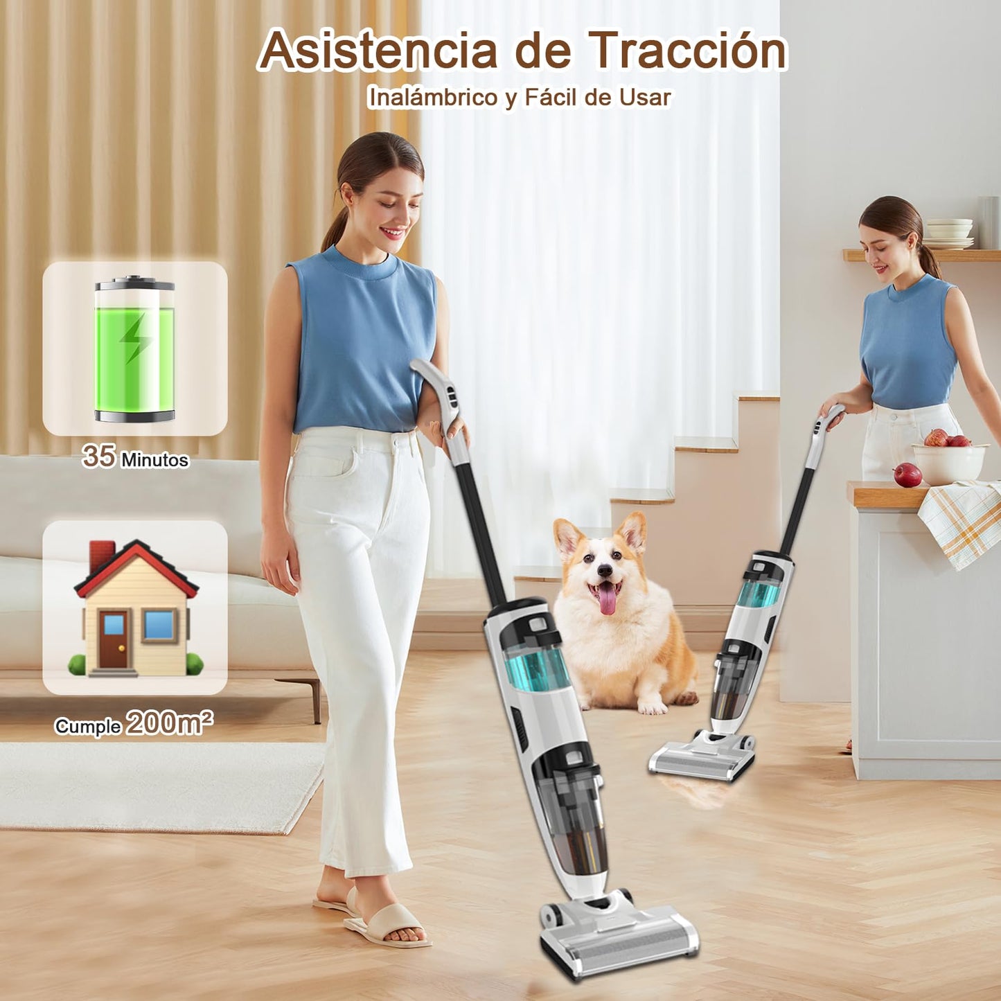 KOZFULE Aspiradoras en Seco y Húmedo 40KPa, con Sistema de Autolimpieza y Pantalla Táctil, 3 en 1 Mopa y Aspiradora Inalámbrica, 2 Niveles Ajustables, para Limpieza de Madera Dura, Azulejos, Mármol