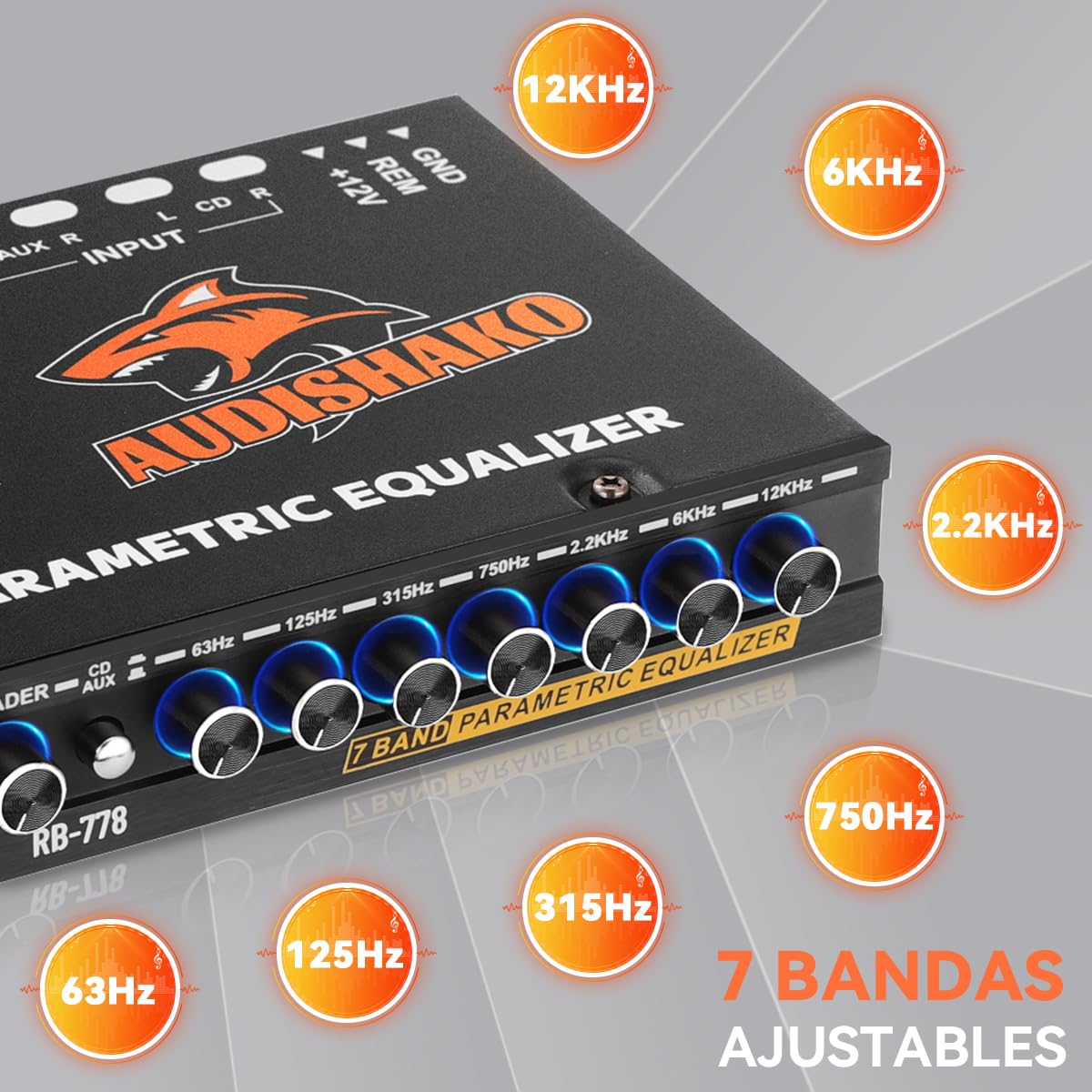 Ecualizador AUDISHAKO 7 Bandas 6 Salidas RCA 4 Entradas RCA con Indicador LED para Carros, Pickups y SUV