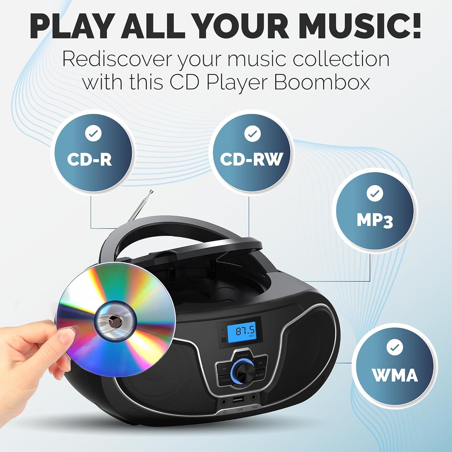 Philips Reproductor de CD Boombox, Dynamic Bass Boost con Bluetooth, radio FM, reproducción USB y entrada AUX, portátil de carga superior, estéreo claro, compatible con RW/MP3 (negro)