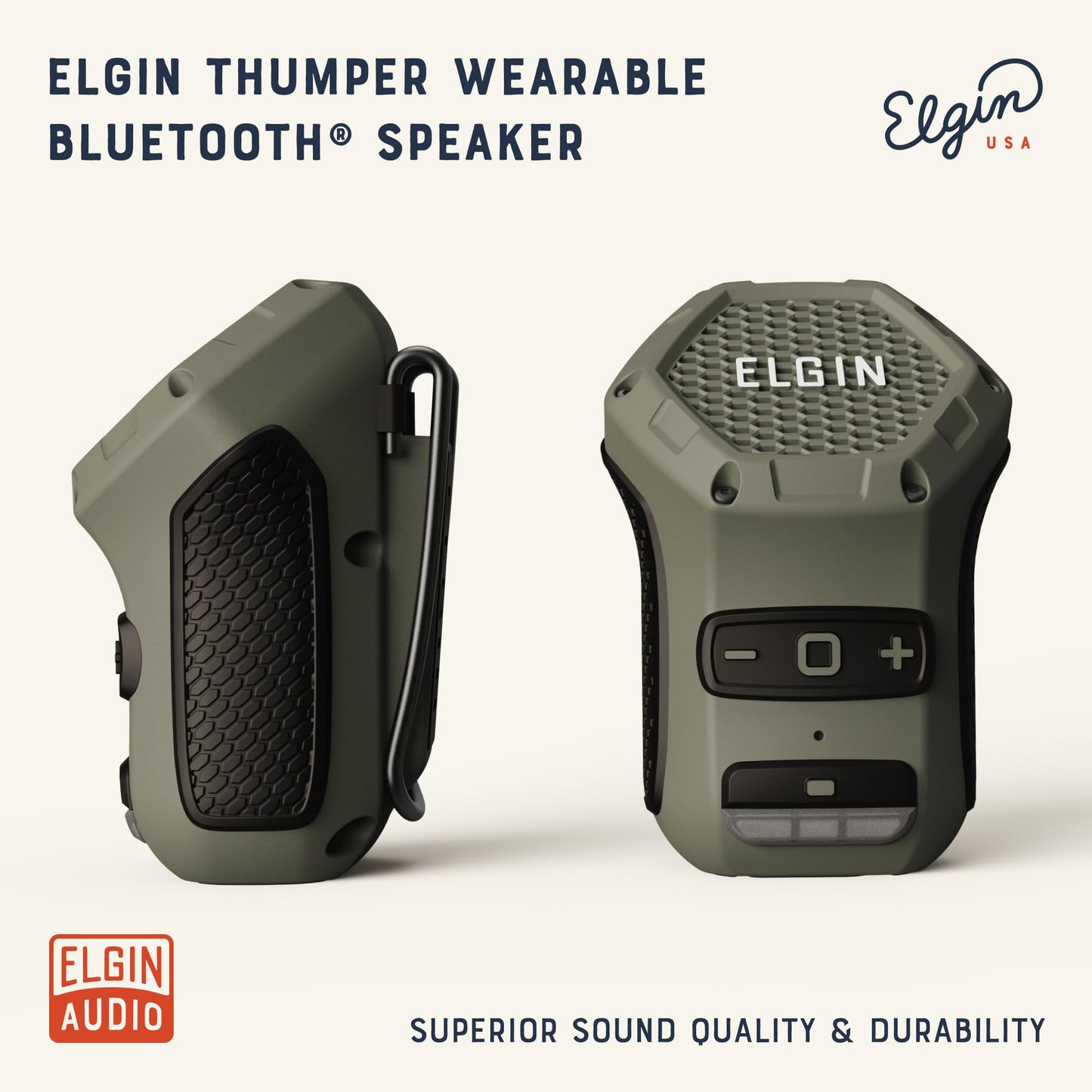 Elgin Thumper Mini Altavoz Bluetooth Portátil, 35 Horas de Duración de Batería, Alcance Inalámbrico de 15 m, Resistente al Agua, Montura Magnética y Diseño de Clip con Luz de Trabajo LED para Sitio de