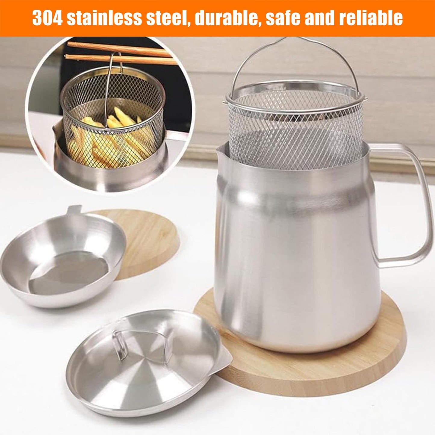 Olla Coladora de Aceite con Cesta y Tapa de Acero Inoxidable 304 2L para Cocina