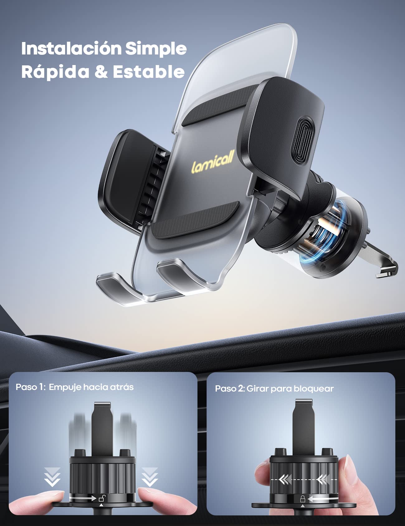 Lamicall Soporte Celular Auto, Porta Celular para Auto - [Clip Elástico Automático] Soporte para Celular Automovil, Porta Carro, Soporte Coche iPhone Smartphone Android Celular de 4 a 7 Pulgadas