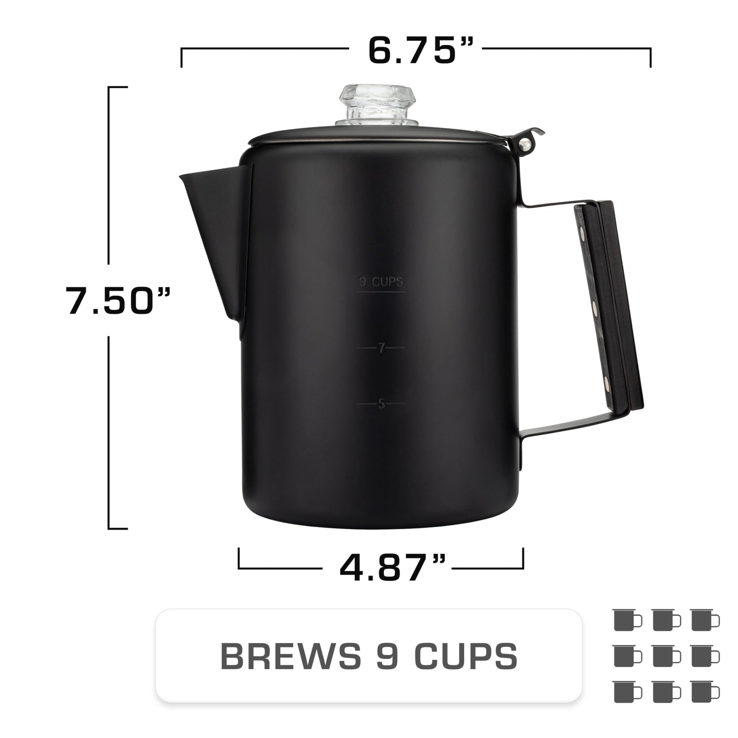 COLETTI Black Bozeman Percolator Cafetera – Cafetera de camping, Percolador de café – Percolador más elegante de Estados Unidos – Acero inoxidable puro, sin aluminio o plástico (9 tazas)