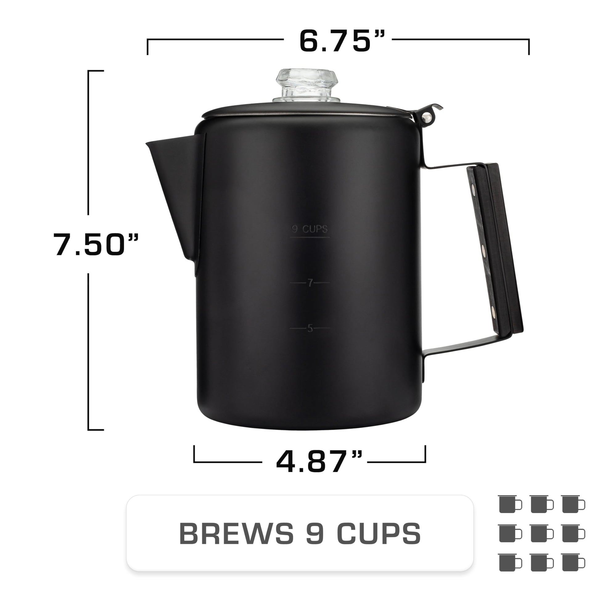 COLETTI Black Bozeman Percolator Cafetera – Cafetera de camping, Percolador de café – Percolador más elegante de Estados Unidos – Acero inoxidable puro, sin aluminio o plástico (9 tazas)