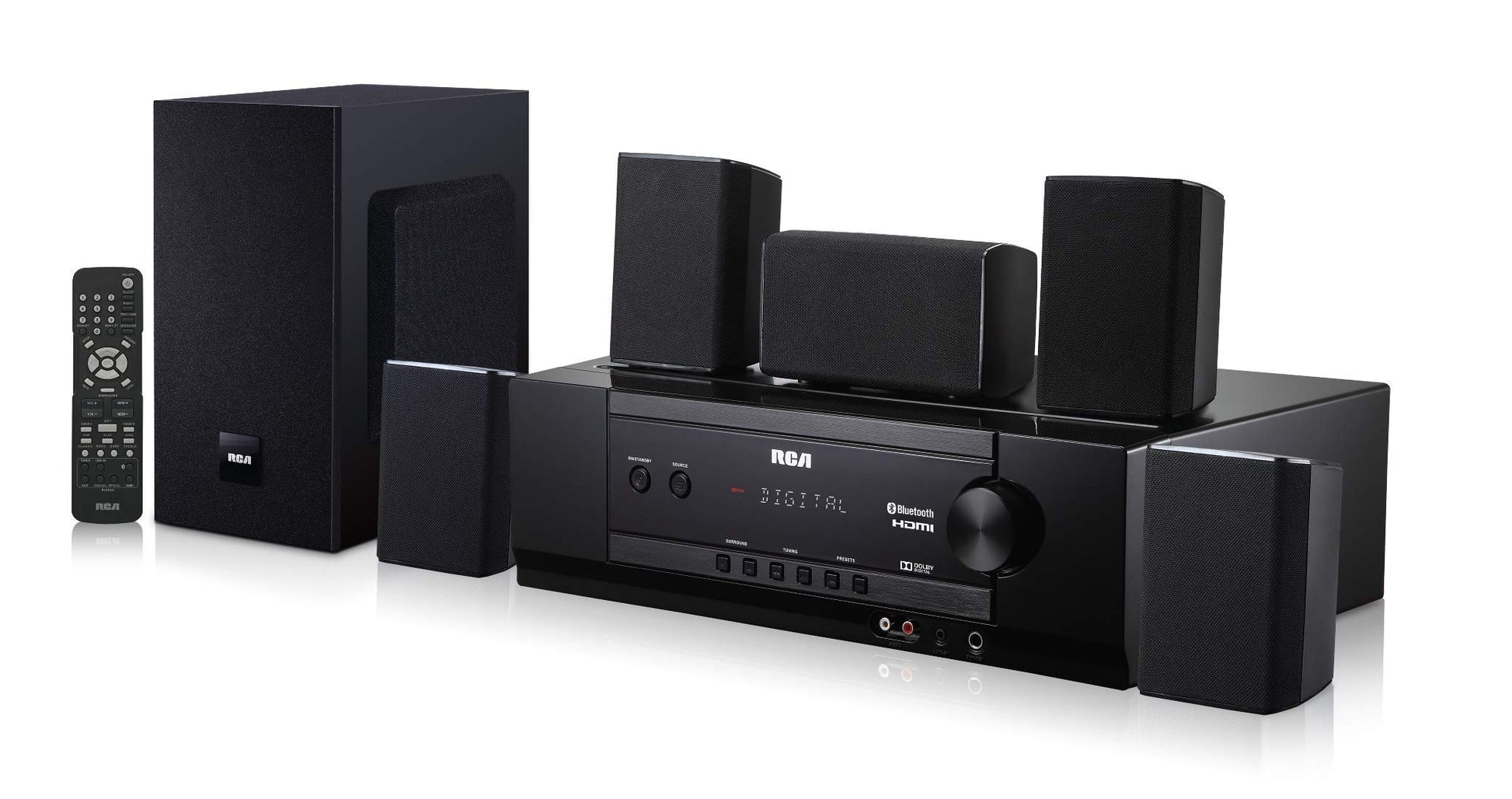 Sistema de Cine en Casa RCA Negro Sonido Envolvente Digital 5.1 1000 Vatios Con Receptor de Audio Bluetooth y USB