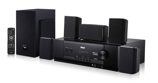Sistema de Cine en Casa RCA Negro Sonido Envolvente Digital 5.1 1000 Vatios Con Receptor de Audio Bluetooth y USB